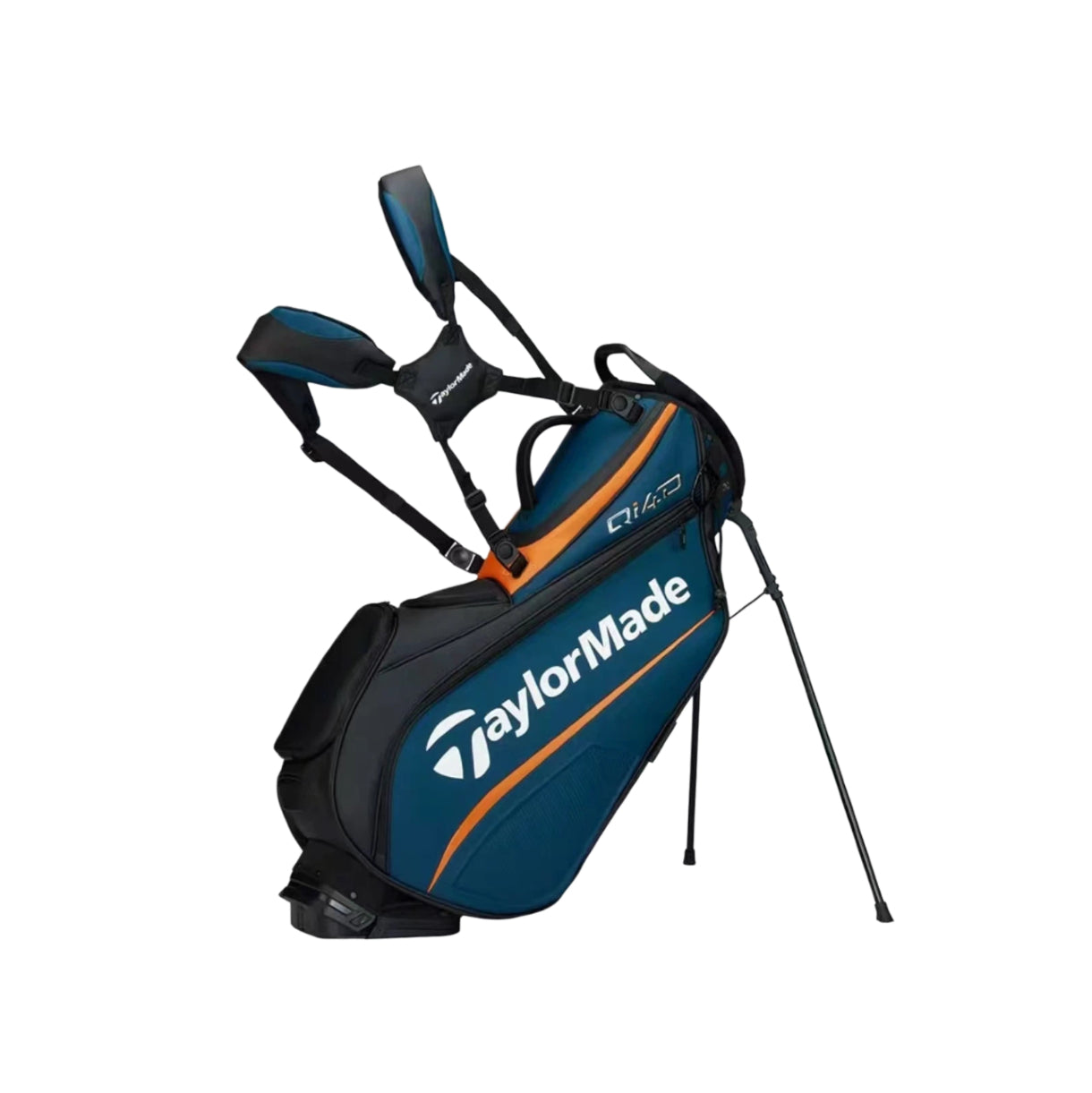Front view of the TaylorMade Qi4D staff golf bag in teal and orange featuring dual padded shoulder straps, integrated stand system, and prominent TaylorMade logo. Designed for professional golfers with premium durability, lightweight construction, and easy transport on the course.
