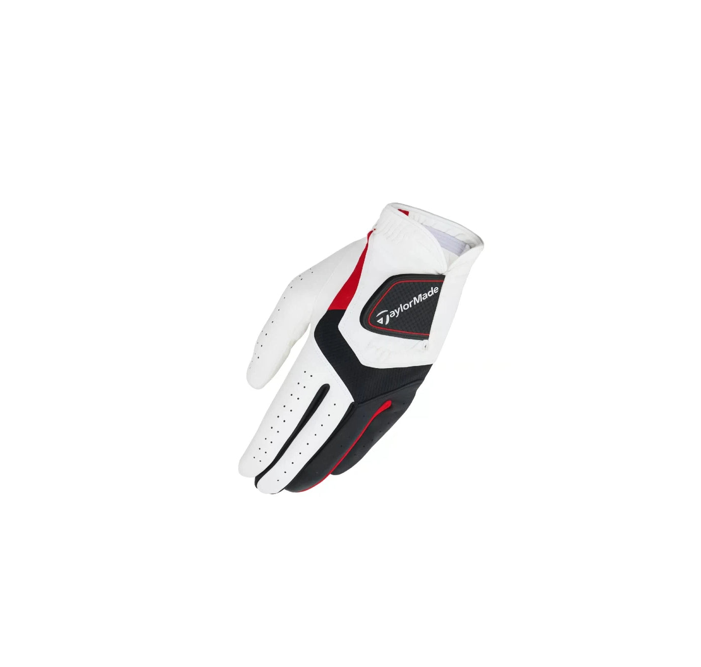 Angled view of the TaylorMade RBZ golf glove showing the ergonomic cuff design, secure Velcro closure, and flexible knuckle construction for a comfortable fit.

