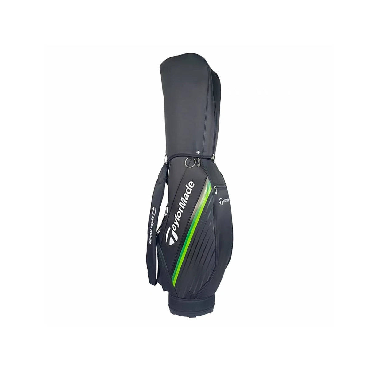 Side view of the TaylorMade RBZ SpeedLite golf bag in black with high-visibility green stripe. Features sleek silhouette, durable construction, and dual carry options for maximum convenience.