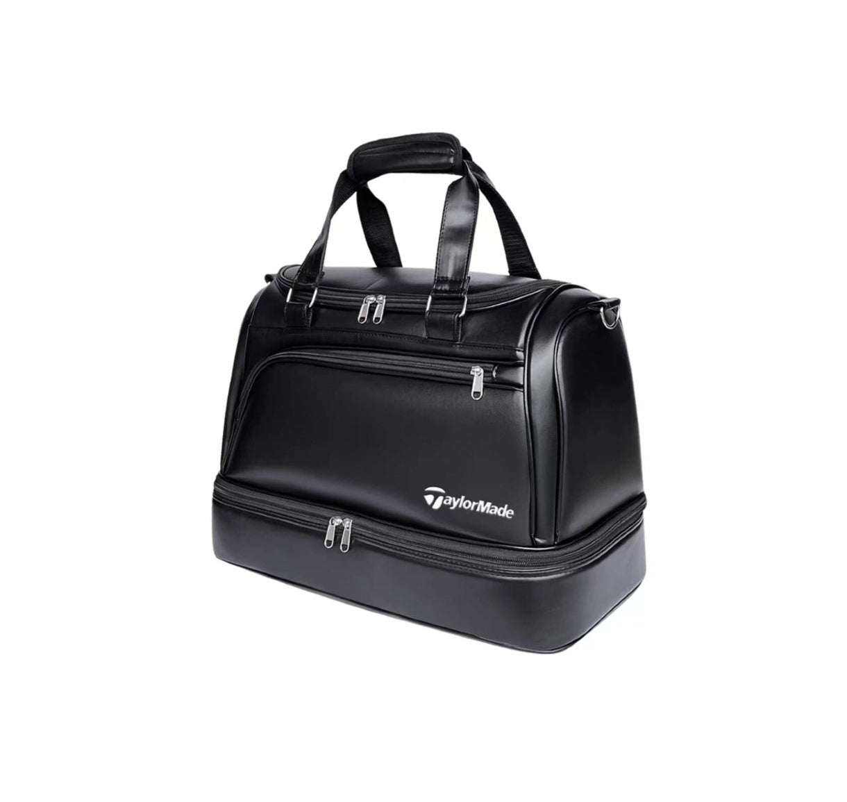 Side profile of the black TaylorMade TM24 Authentic Boston bag showing its clean lines, reinforced stitching, and dual-zippered main compartment. Designed for maximum capacity and organized storage of golf gear, clothing, and accessories.