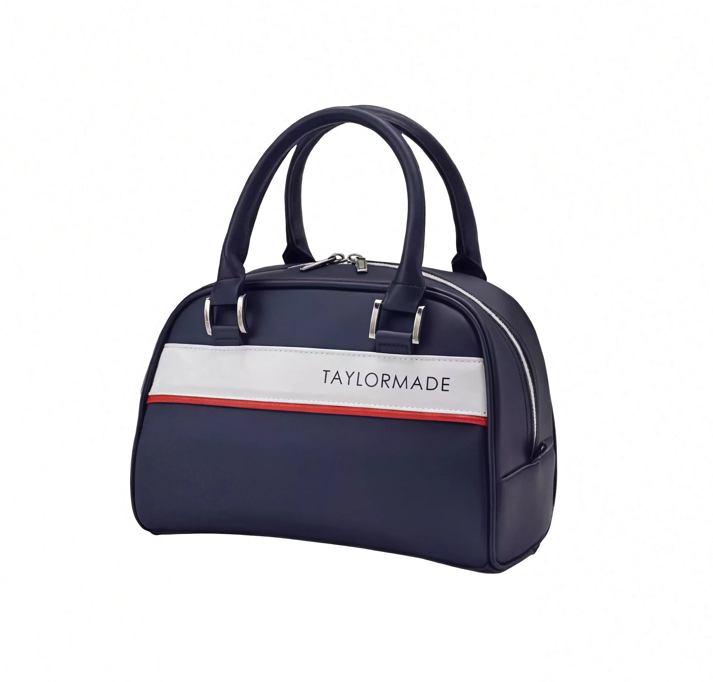 TaylorMade Women’s Golf Tote in navy blue with a bold white and red horizontal stripe across the front. Features "TAYLORMADE" text branding and elegant silver hardware.