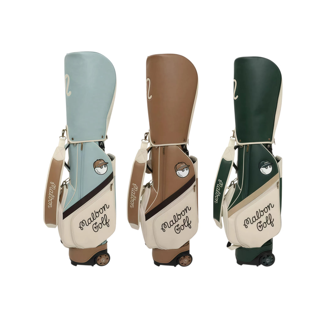Three Malbon Golf Classic Wheeled Stand Bags shown together — light blue, tan brown, and dark green — all featuring matching mascot patch and elegant script logos.