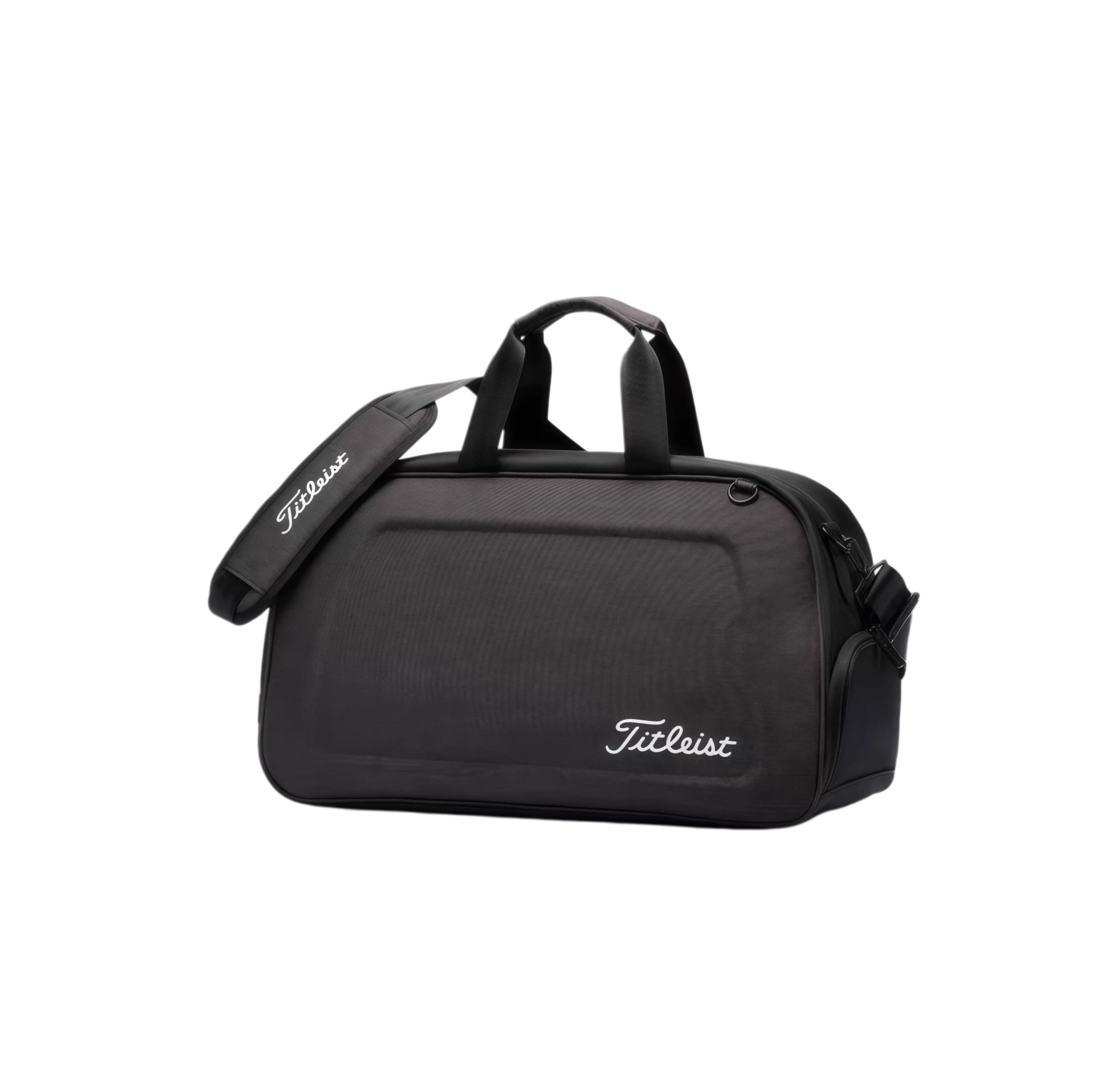 Black Titleist hard-shell duffel bag featuring a textured carbon fiber finish, white script logo, and dual carry options. Perfect for sport and travel.