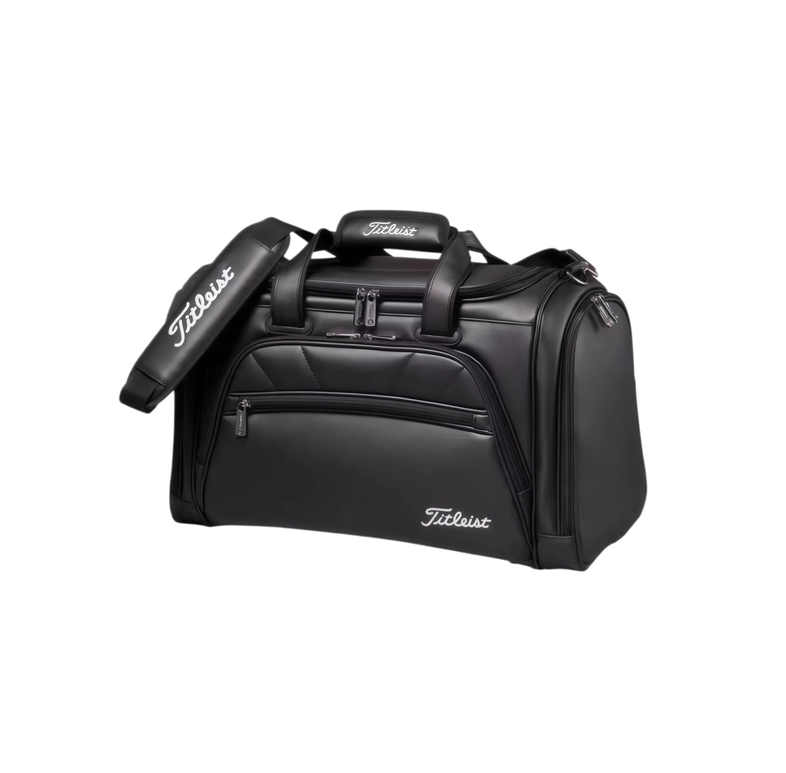 Full view of the black Titleist Quilted Duffel with removable padded shoulder strap, quilted front panel, and multiple zippered compartments. Perfect for golf, gym, and business travel.