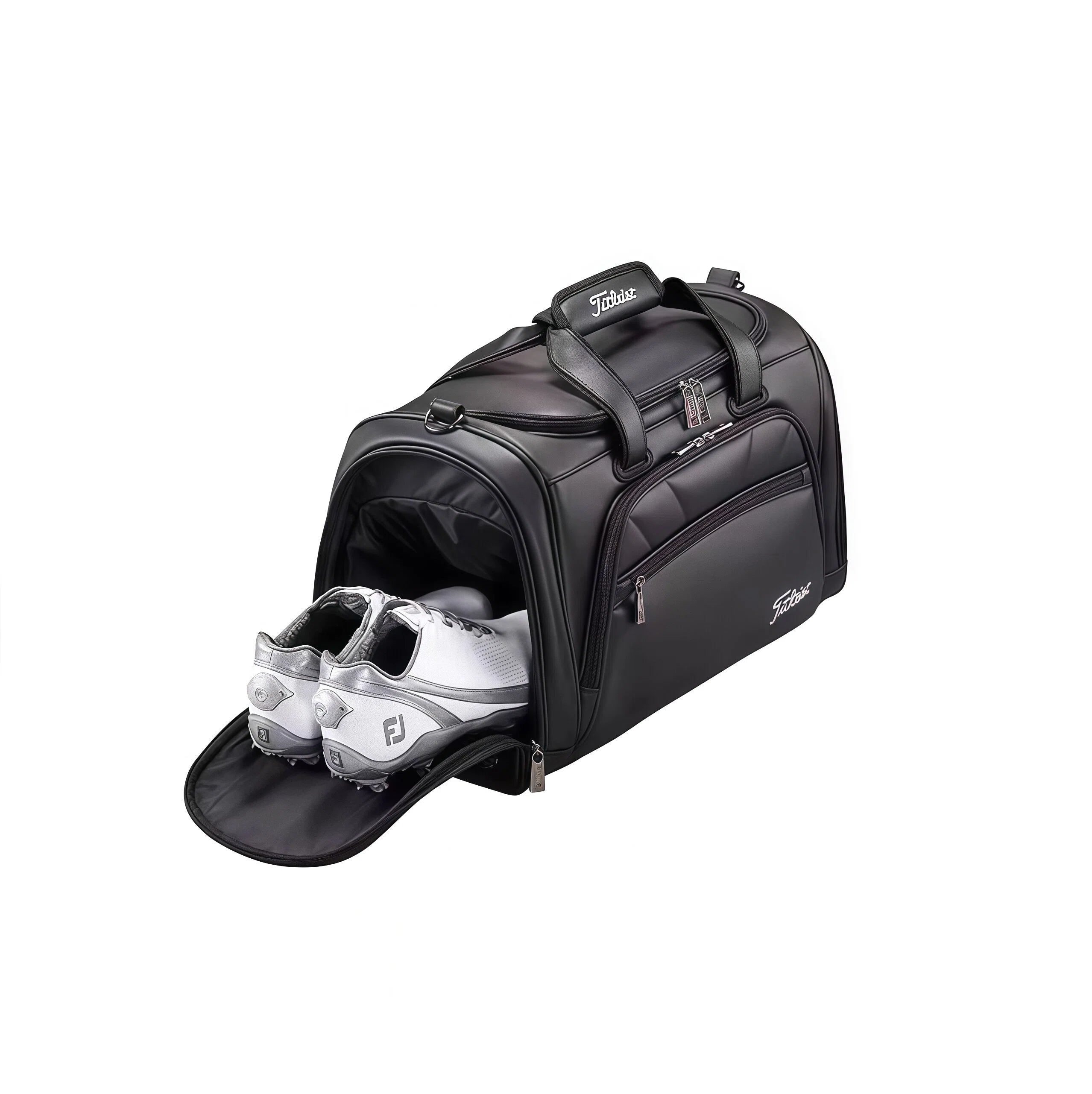 Titleist Black Quilted Duffel with open shoe compartment revealing a pair of white and gray golf shoes. Keeps footwear separate and organized during travel or golf outings.