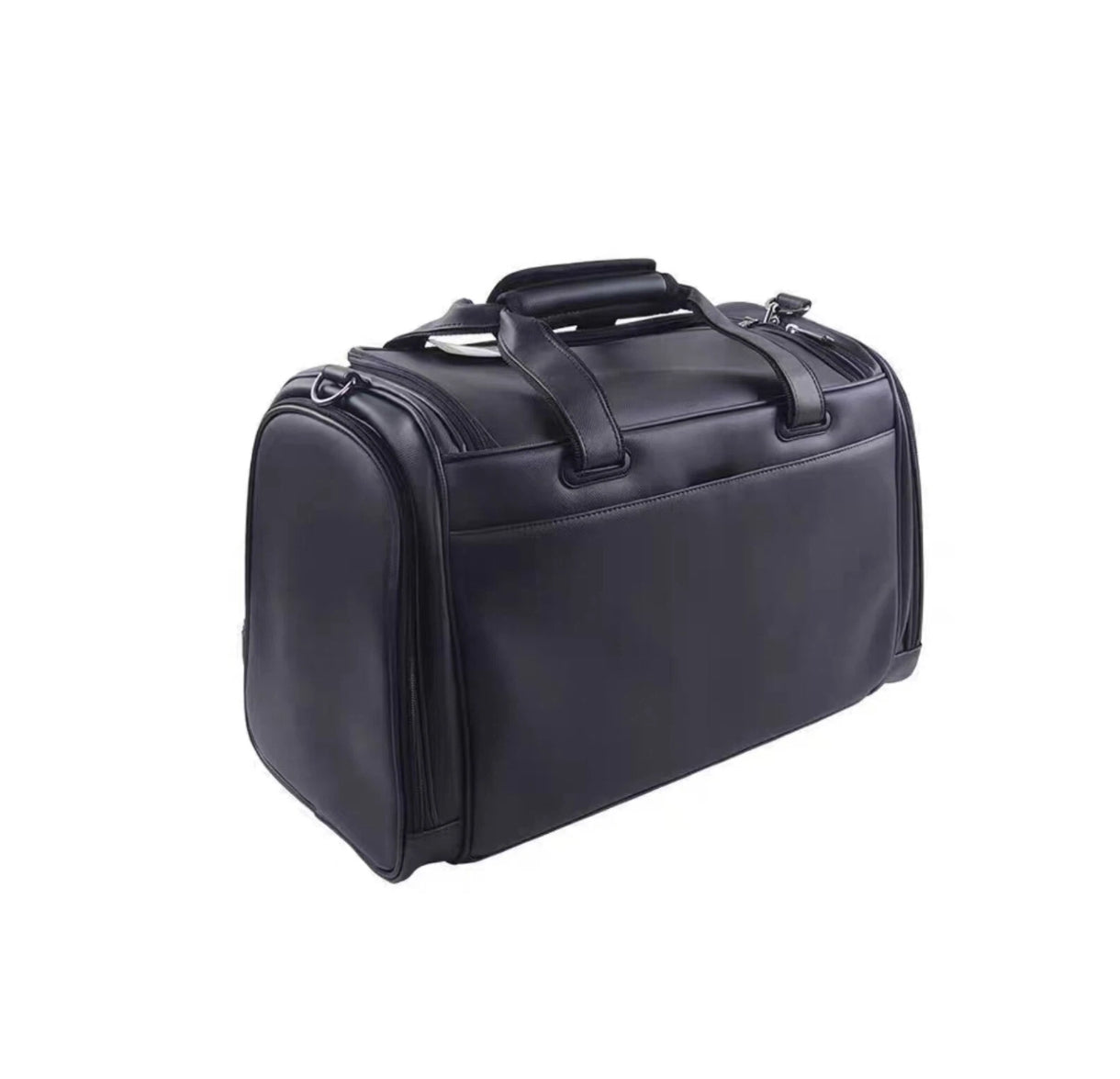 Side view of the Titleist Black Quilted Duffel showcasing its structured shape, top carry handles, and premium synthetic leather material. Designed for elegant travel and golf gear storage.