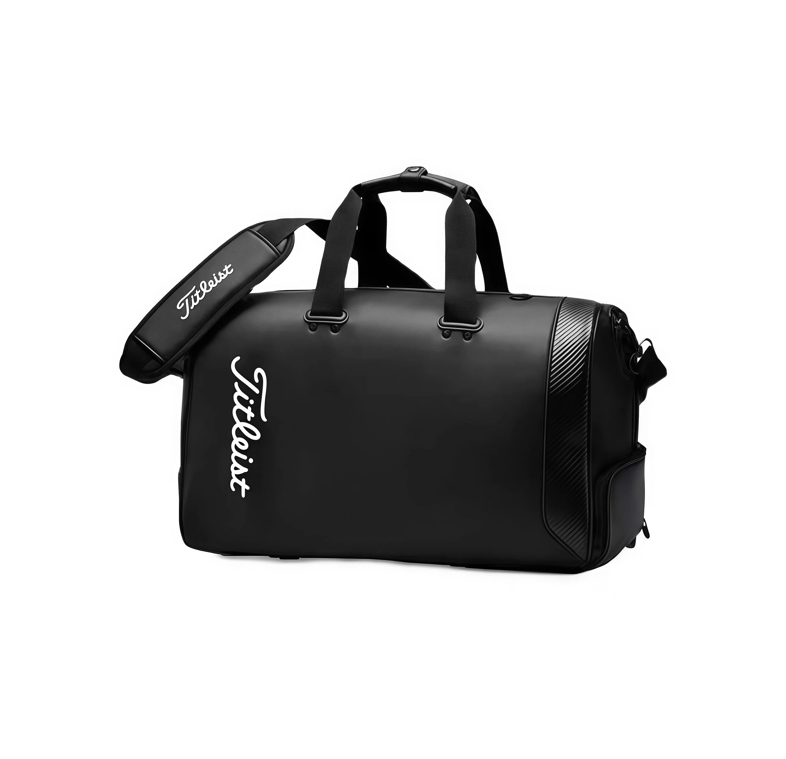 High-angle shot of the black Titleist Tech Duffel highlighting the carbon fiber-inspired side panel, white "Titleist" logo, and premium synthetic material. Perfect for golf and gym use.