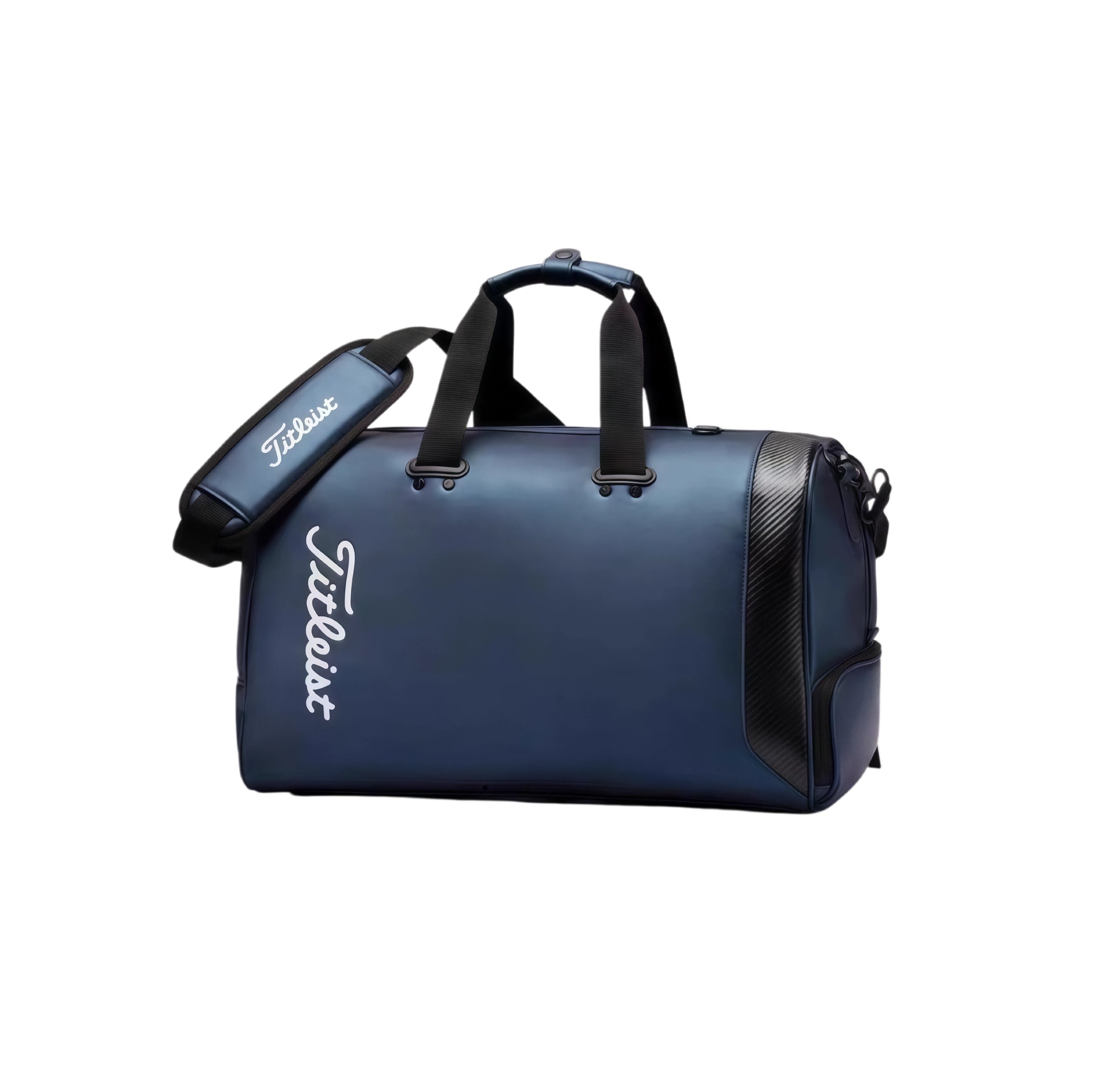 Angled view of the navy blue Titleist Black Tech Duffel featuring a carbon fiber-inspired side panel, white embroidered "Titleist" logo, and removable padded shoulder strap. Designed for modern golfers and active lifestyles.
