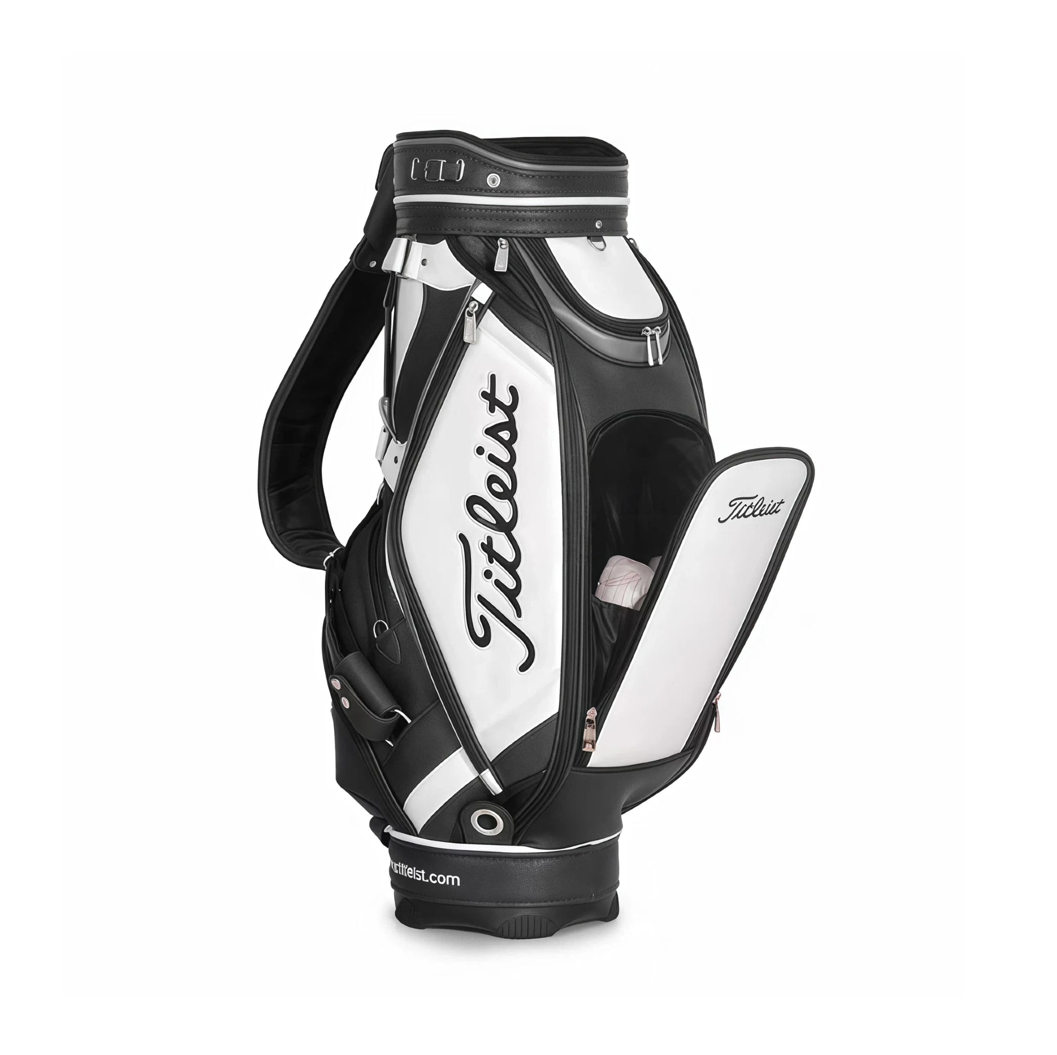 Side view of the Titleist Classic Leather-Look Cart Bag in black and white with open top compartment showing club dividers. Features the "Titleist" logo, padded shoulder strap, and insulated cooler pocket. Ideal for organized storage.