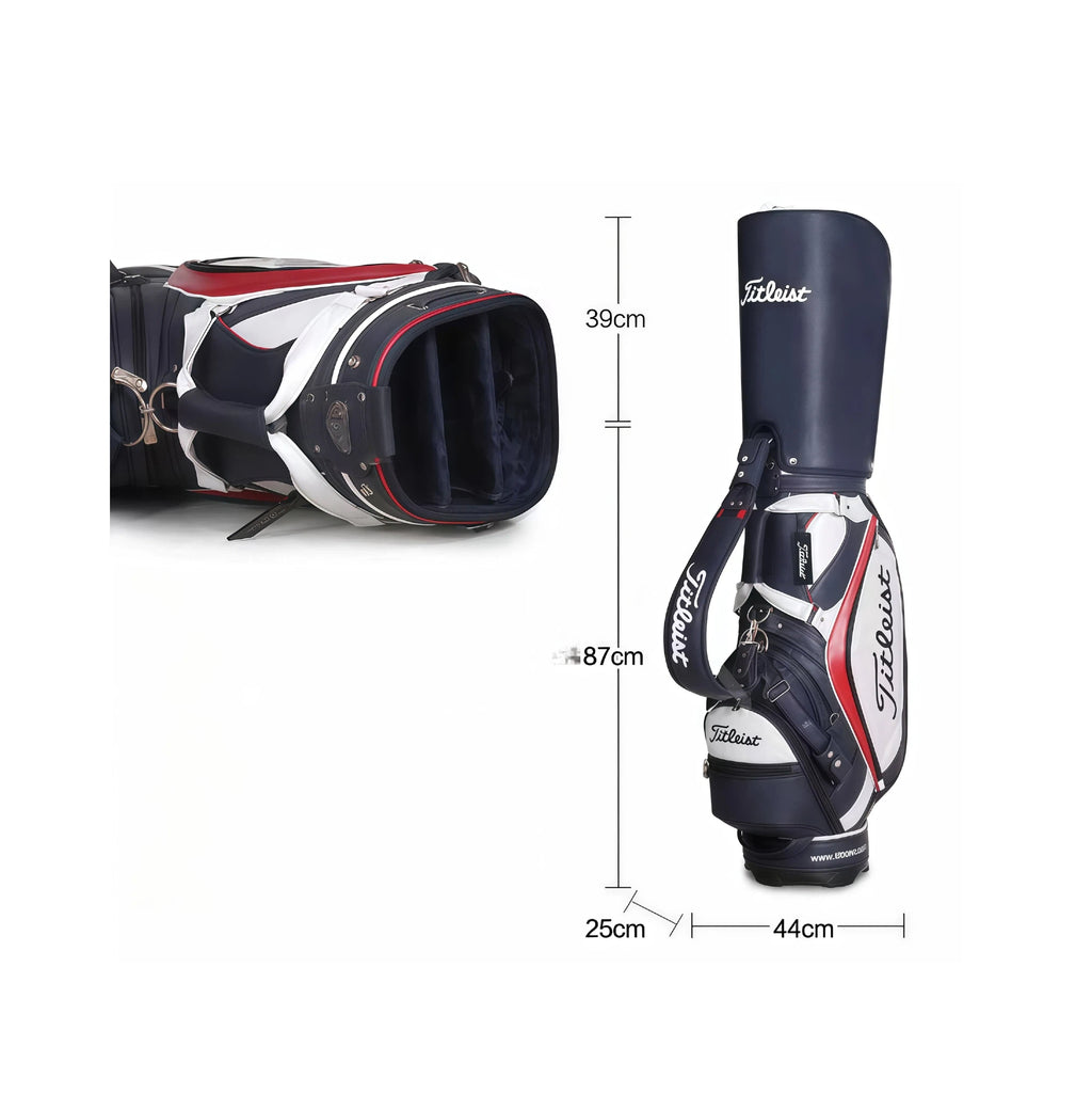 Size diagram of the Titleist Classic Leather-Look Cart Bag showing dimensions: 87cm height, 44cm width, 25cm depth, and 39cm top opening. Designed to fit standard golf carts and trolleys.