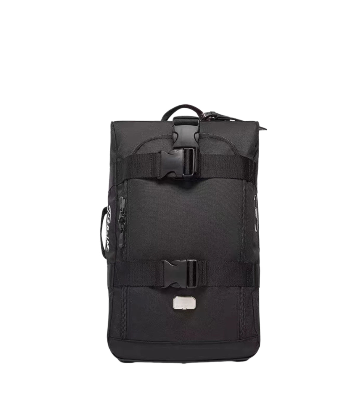 Front view of the black Titleist Club Mini Rolling Duffle Bag showing secure ITW Nexus buckles, top carry handle, and compact design ideal for short trips.