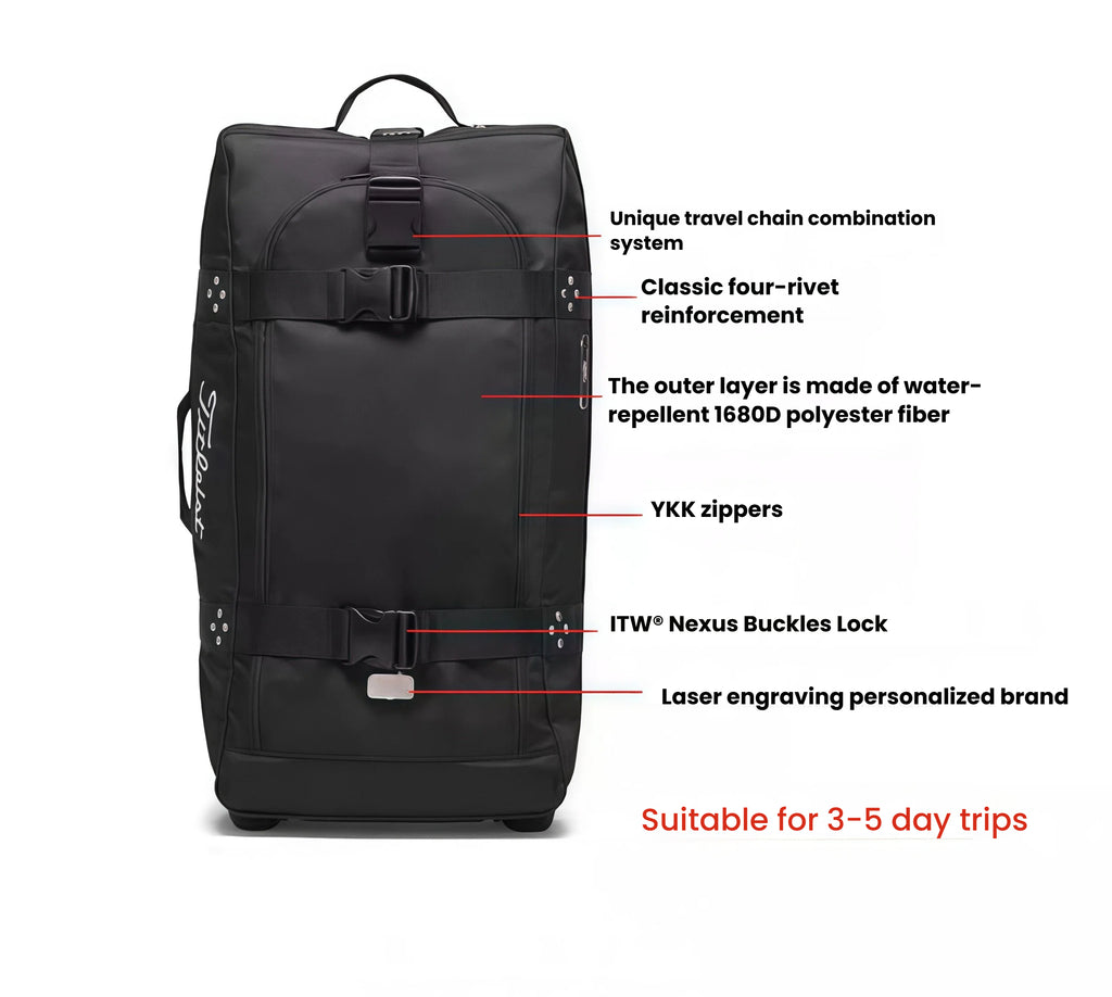 Front view of the Titleist Club Rolling Duffle Bag highlighting key features: water-repellent 1680D polyester fiber, YKK zippers, ITW Nexus buckles, classic four-rivet reinforcement, laser-engraved brand plate, and unique travel chain combination system. Ideal for 3–5 day golf trips.