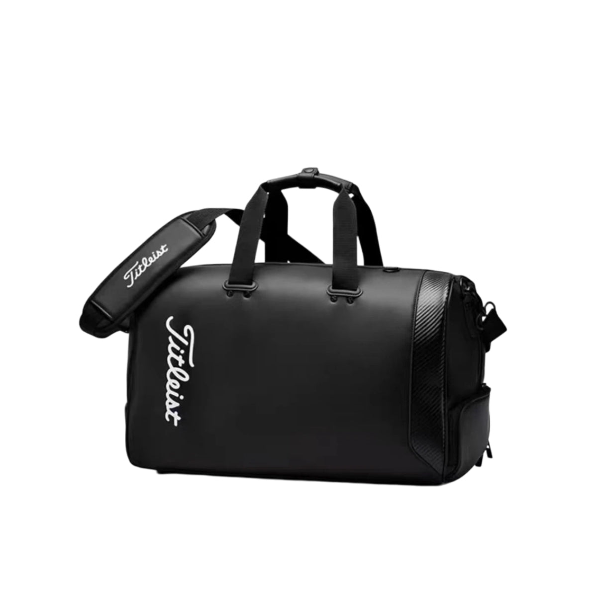 Black Titleist Golf Boston Travel Bag showcasing water-repellent synthetic material, white embroidered logo, dual handles, and ergonomic shoulder strap. Designed for durability and everyday use.