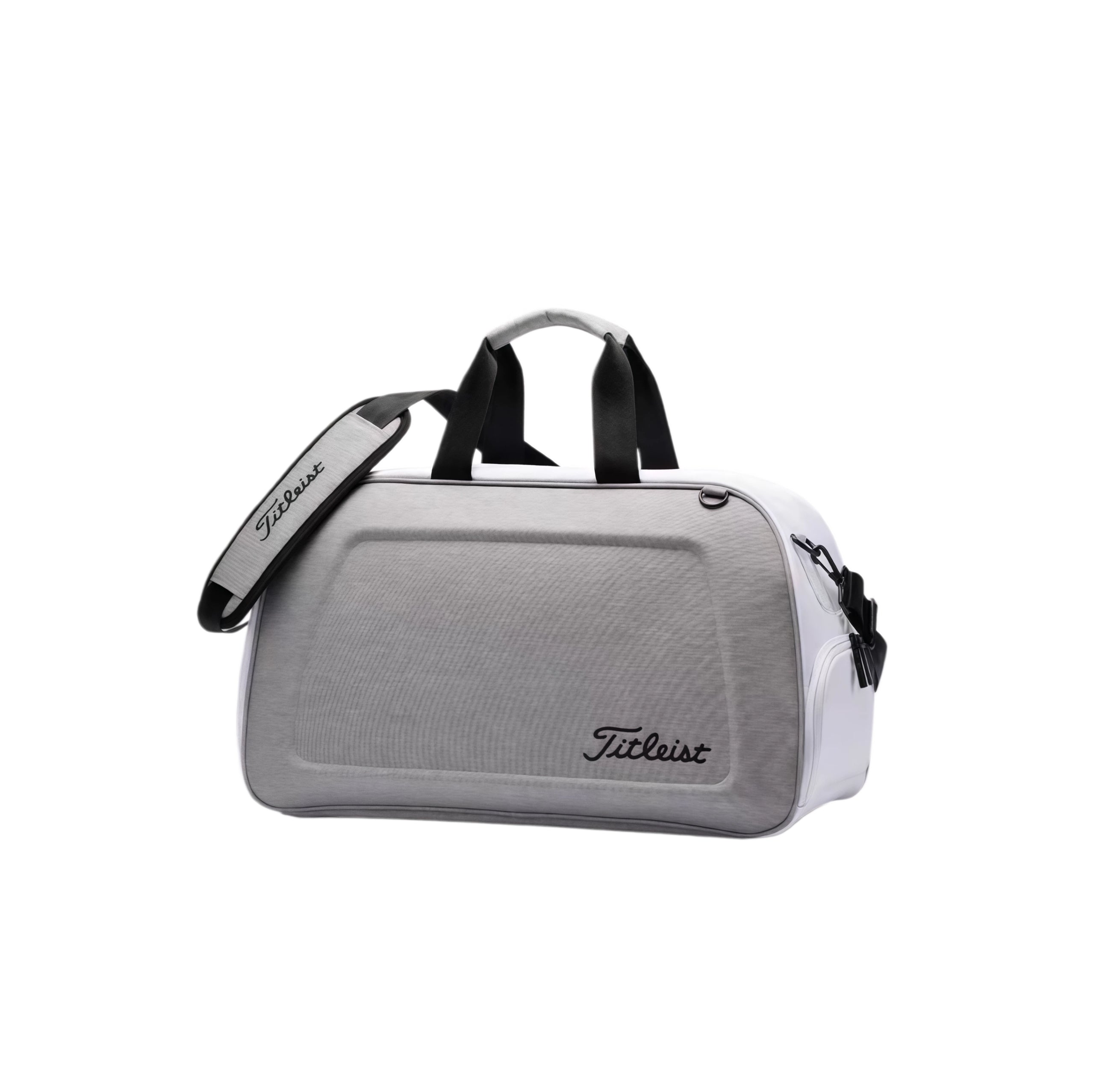 Light gray Titleist hard-shell duffel bag with white stitching, black logo, and sleek design. Designed for performance and style on and off the course.