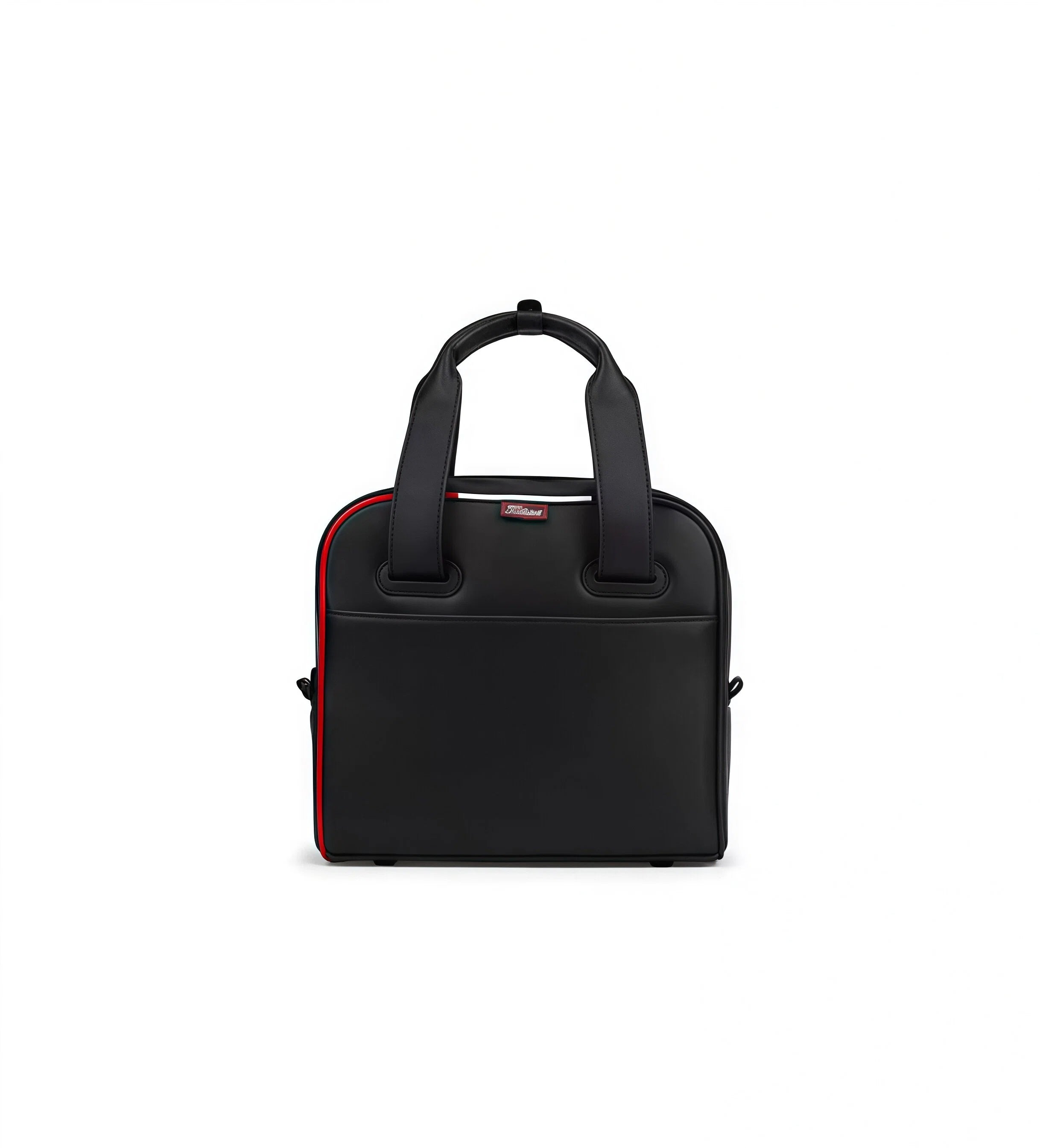 Front view of the black Titleist mini golf gear bag with red trim and top handle. Features a branded tag and minimalist design.