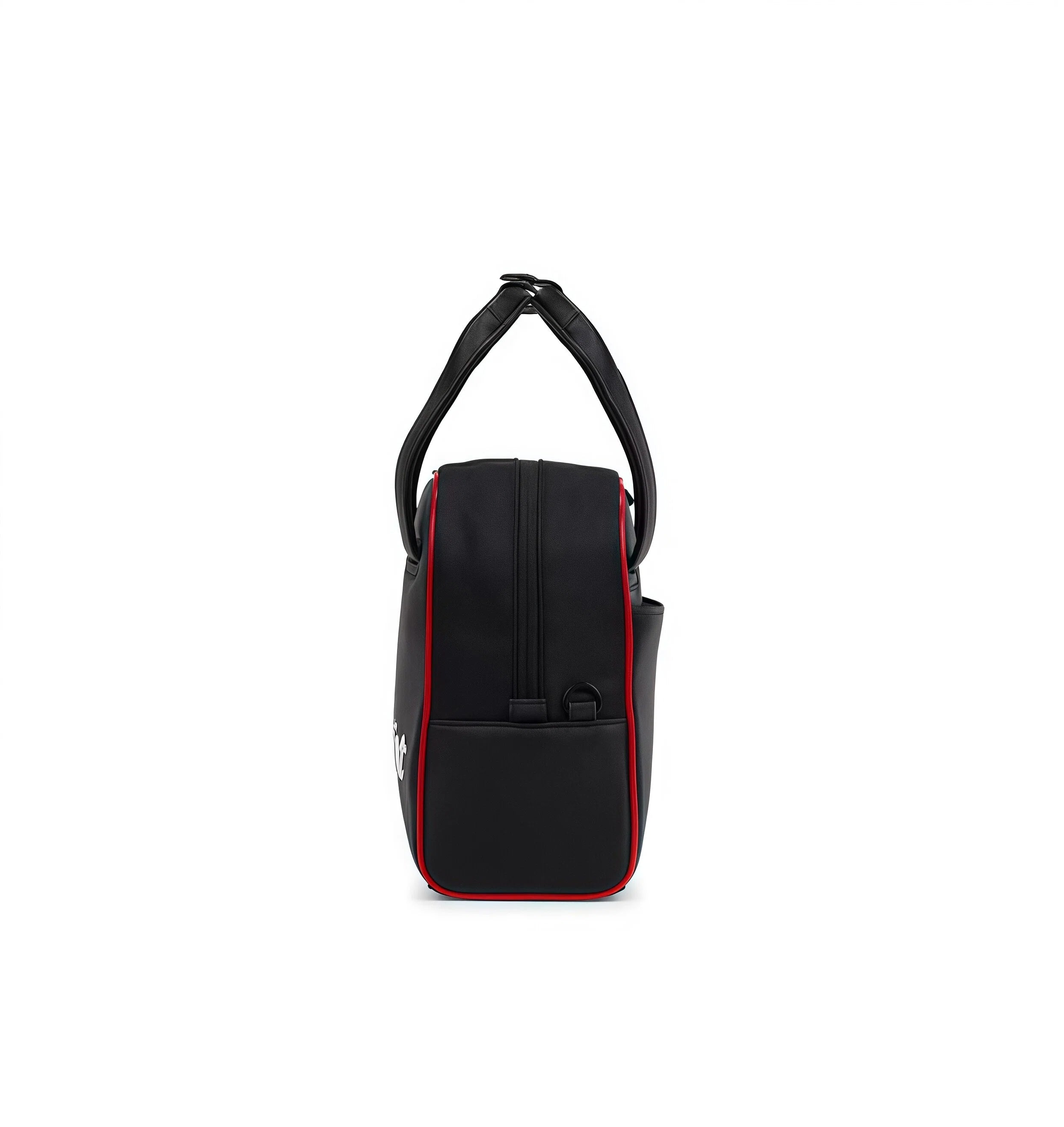 Black handbag with red accents on a white background