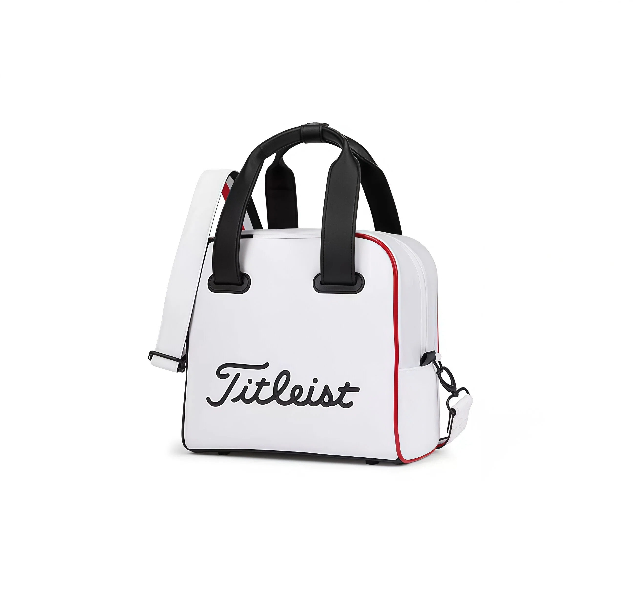 White Titleist mini golf gear bag with black script logo and red trim. Features top handles, detachable shoulder strap, and front pocket.