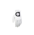 Titleist Perma-Soft men's golf glove (left hand) in white, featuring premium Cabretta leather, perforated fingers for breathability, and the classic Titleist "1" logo on the closure.