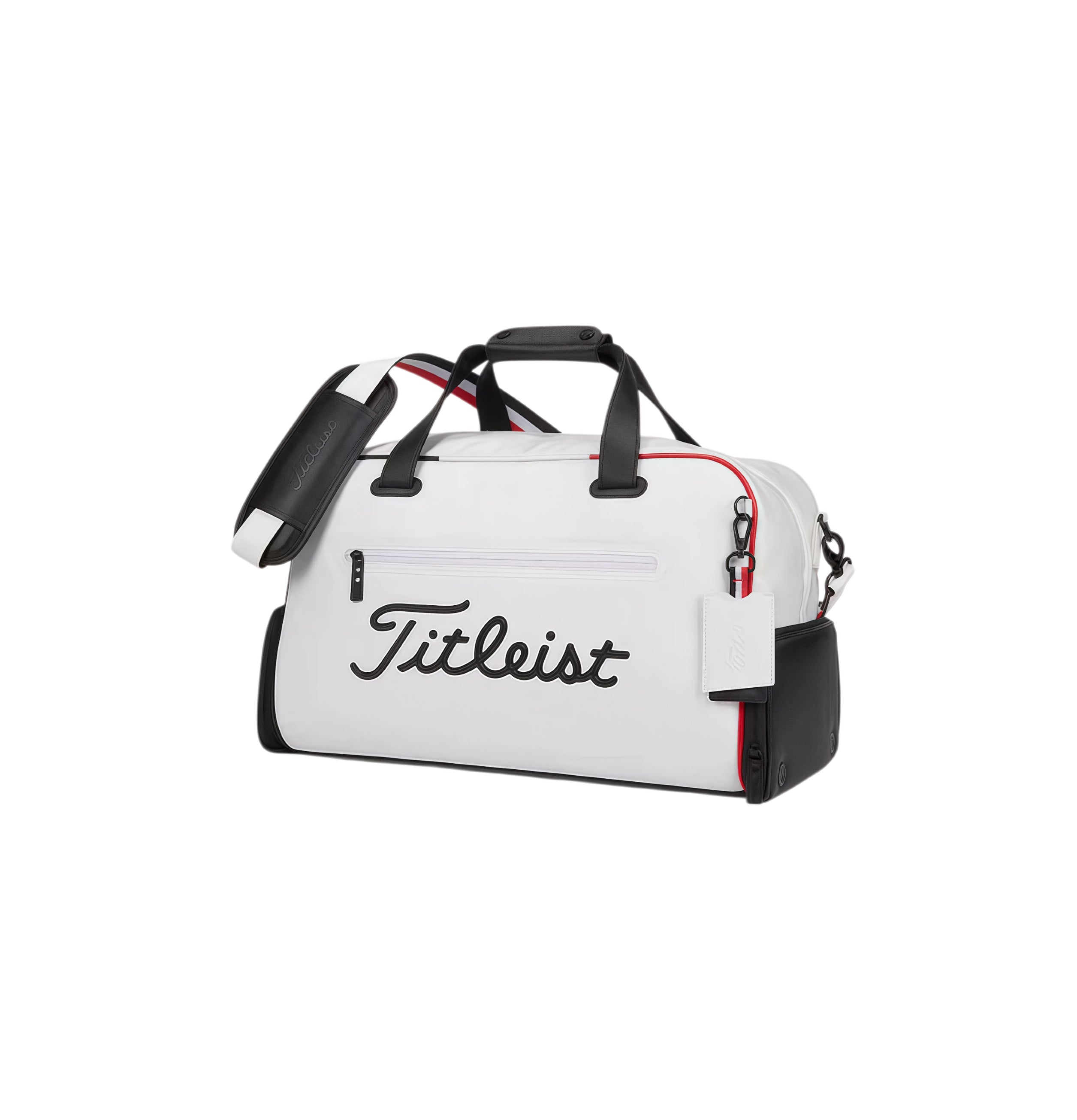 Angled view of the white Titleist Premium Golf Duffel featuring black "Titleist" script logo, red trim, and removable shoulder strap. Combines luxury and function for golfers and travelers.