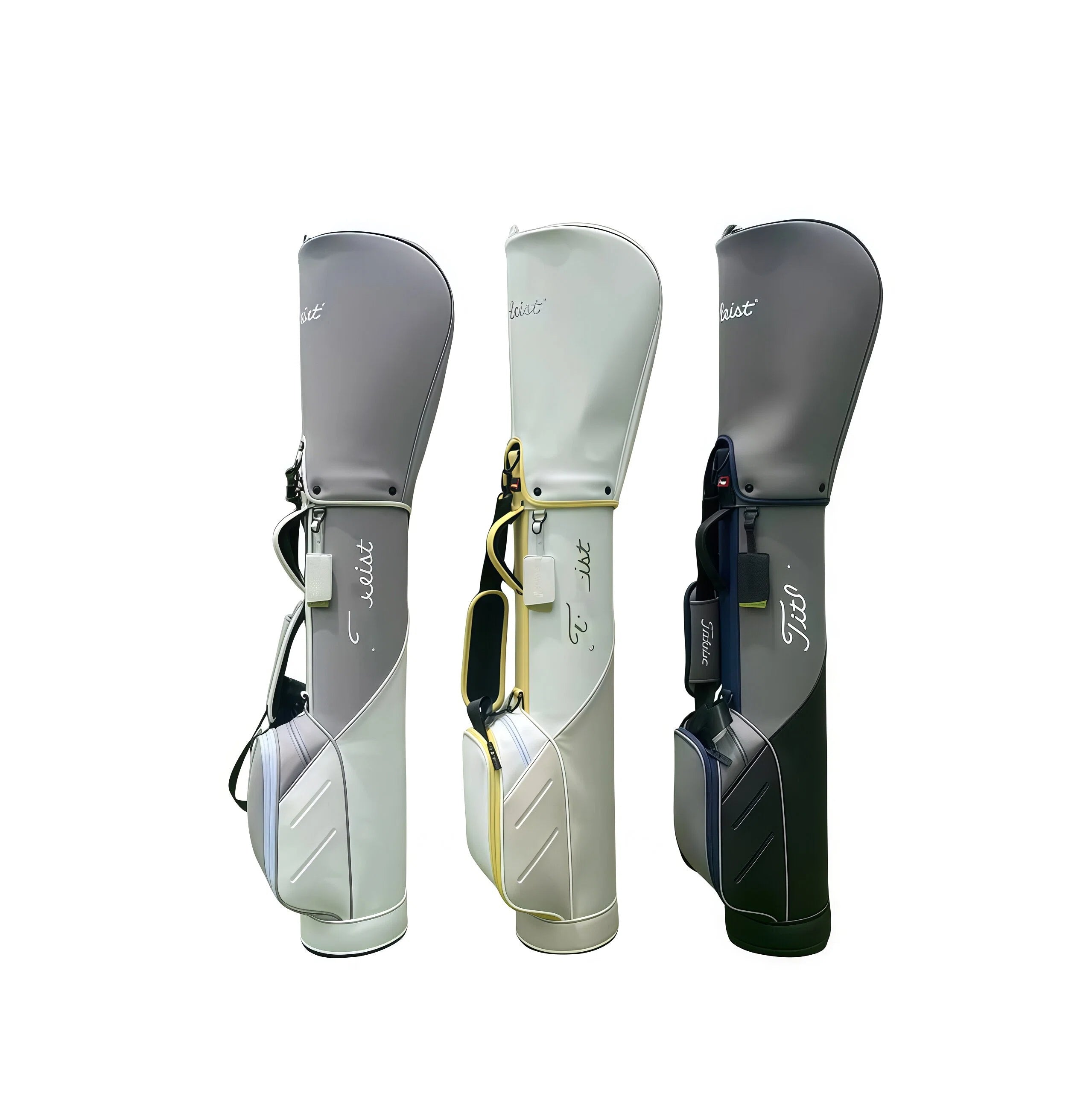 Three-color display of the Titleist Premium Sunday Carry Bag: white with gold, light gray with silver, and dark gray with navy. Each features the iconic Titleist logo and premium synthetic leather finish.
