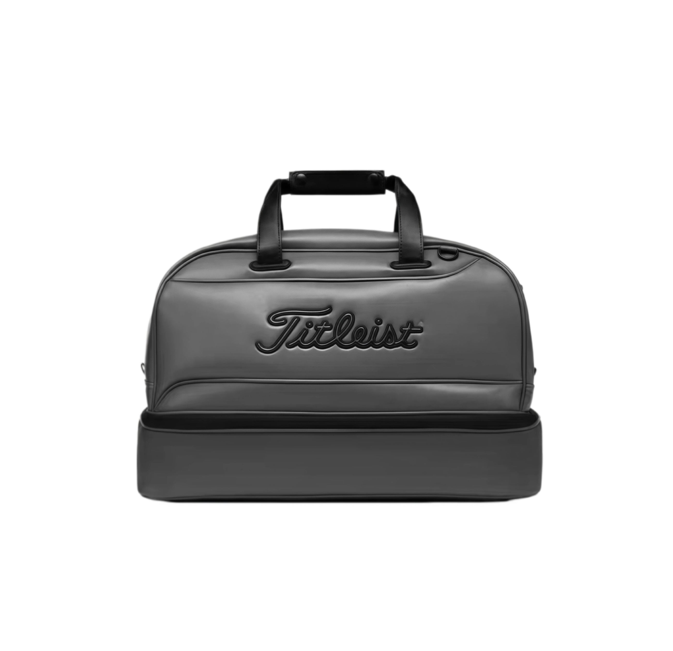 Charcoal gray Titleist Shoe Bag with embossed tonal logo and dual-compartment structure. Designed for premium functionality and modern style during golf trips or weekend getaways.