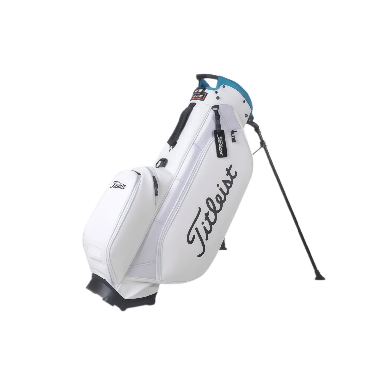 Side view of the Titleist TB23ASBA stand golf bag in white with teal blue accents. Features a dual-strap system, ergonomic carry handle, and integrated stand legs for easy stability on the course. Designed for comfort and performance during walking rounds.