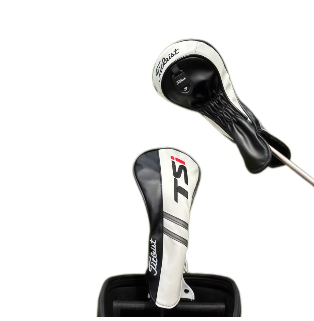 Side view of Titleist TSi golf driver headcover, showing its secure fit on a driver club shaft, with premium leather material and elasticized opening to prevent scratches and ensure a snug fit.