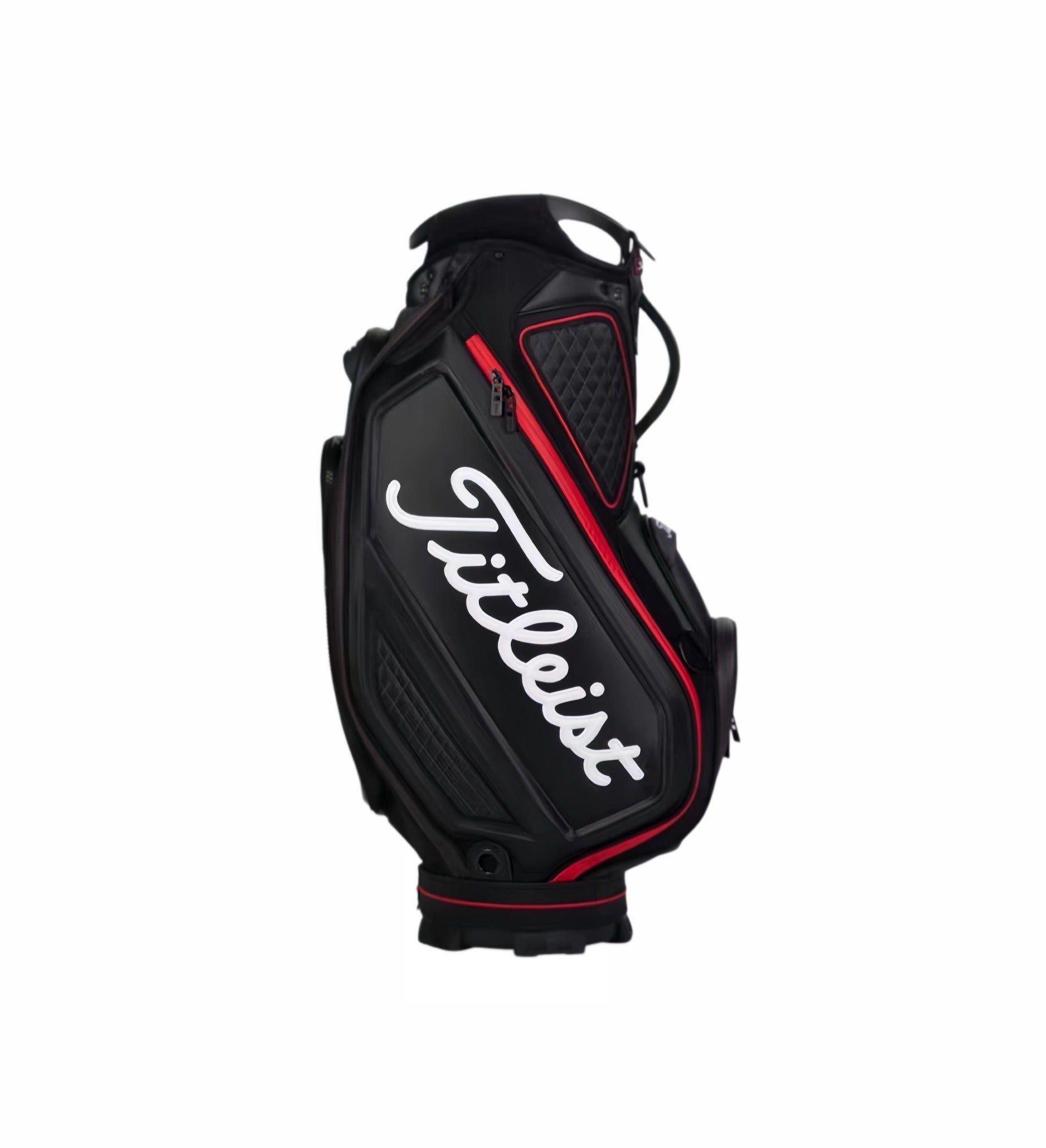 Side profile of the Titleist Tour golf bag in black and white, highlighting the adjustable shoulder strap with embossed logo, multiple pockets, and sleek aerodynamic shape. Built for comfort, functionality, and professional-grade performance.