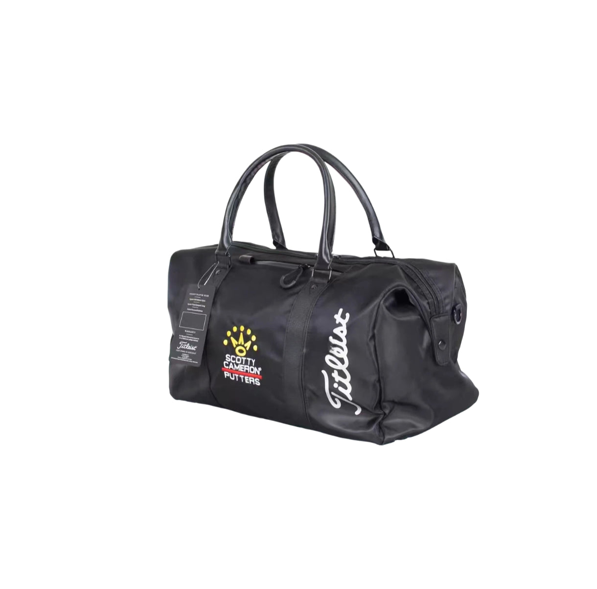 Side angle of the black Titleist x Scotty Cameron Duffel Bag highlighting its compact shape, zippered compartments, and branded details. Perfect for golfers and travelers.
