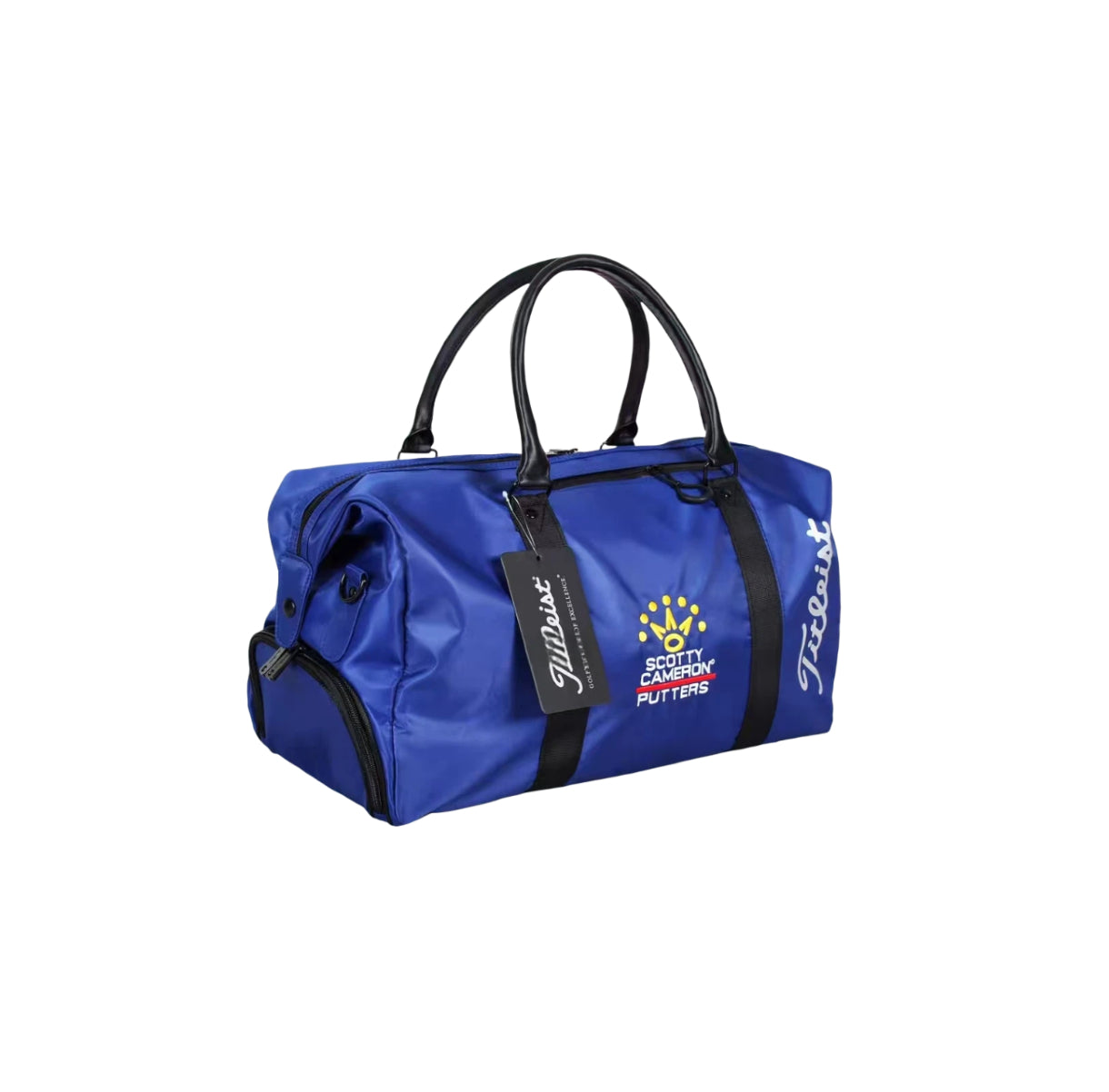 Front view of the royal blue Titleist x Scotty Cameron Duffel Bag with Scotty Cameron crown logo and "Titleist" script. Limited edition golf carryall with removable shoulder strap.