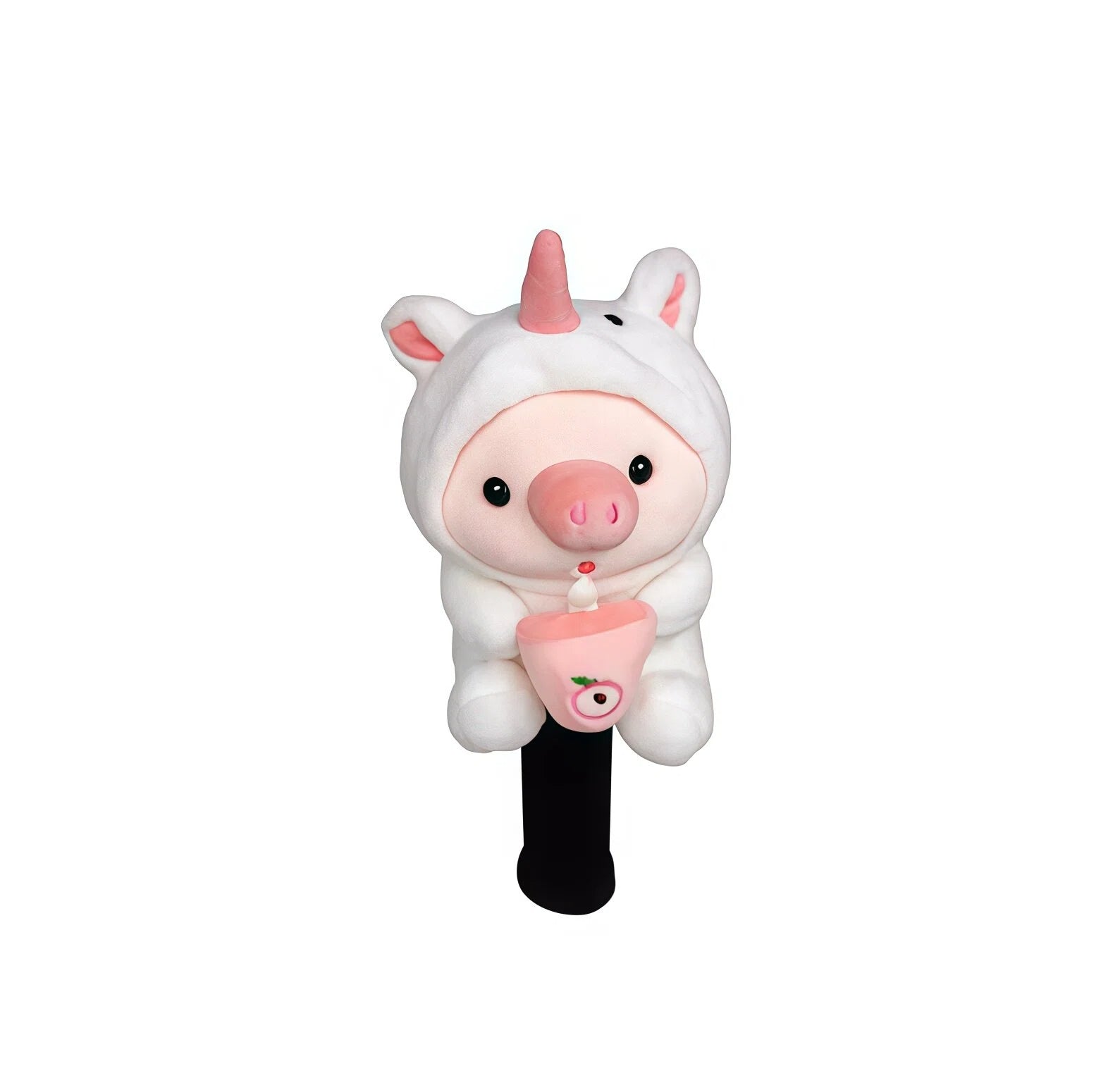 Front view of a magical unicorn pig plush golf headcover, white with a pink horn, holding a cherry-themed smoothie cup, perfect for adding charm to your driver or fairway wood.