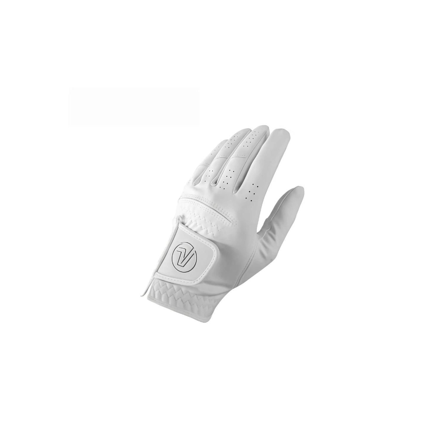 An angled shot of the Volvik men's golf glove, displaying its sleek white design, reinforced stitching, and the combination of durable nano fabric with extra padding for all-day performance.