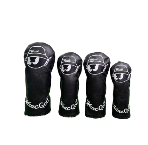 Waac Classic Black Cartoon Golf Headcover Set with white embroidered logo and "Waac Golf" text, includes driver, fairway, hybrid, and putter covers, universal fit for golf clubs.
