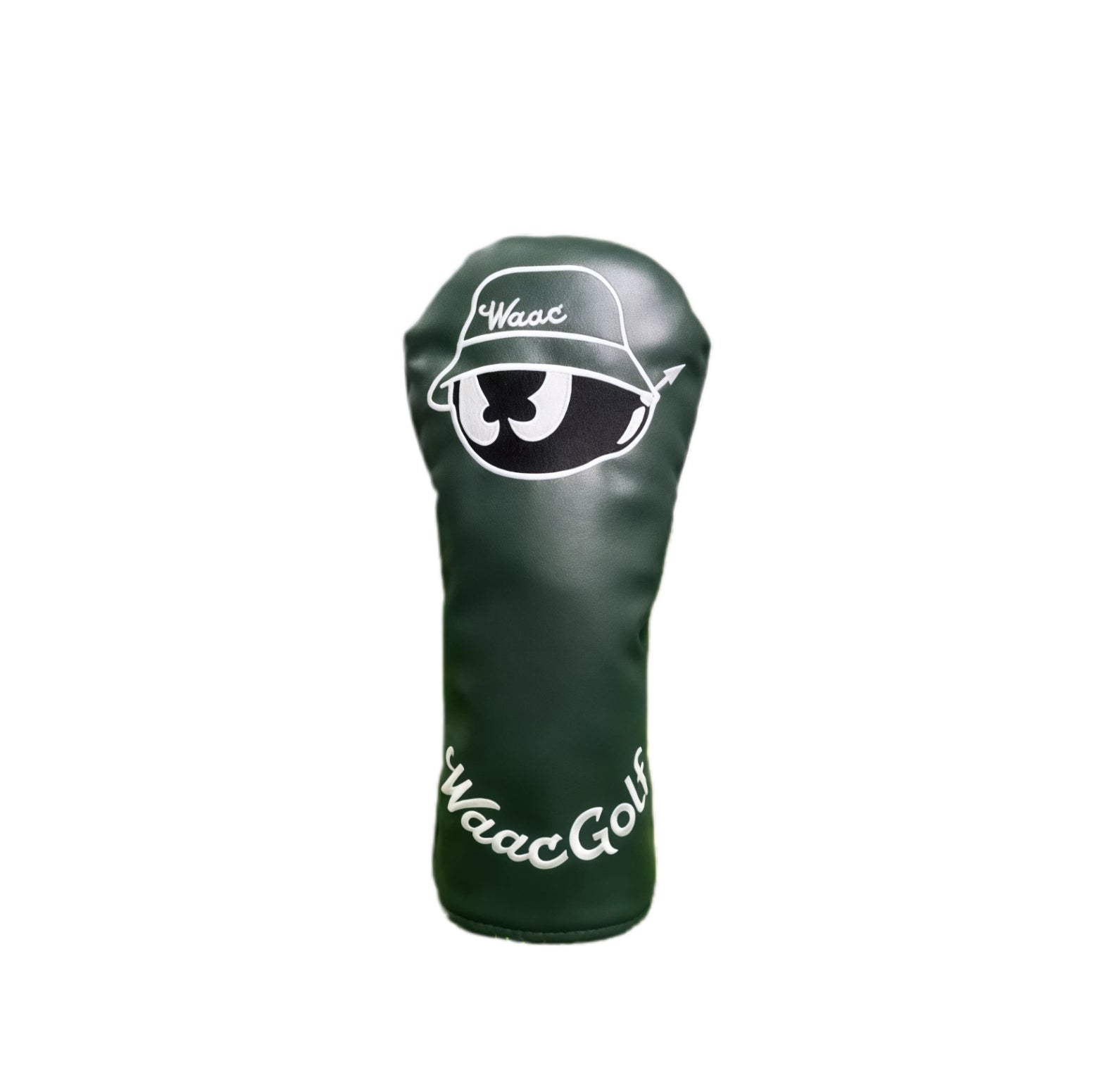 Close-up of Waac Classic Green Driver Headcover featuring cartoon character with bucket hat and "Waac" text, universal fit for golf clubs.
