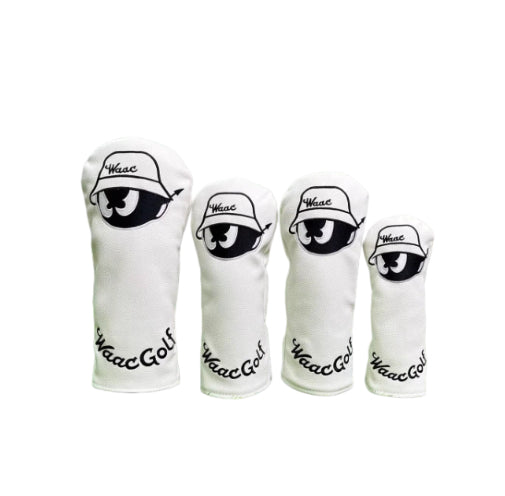 Waac Classic White Cartoon Golf Headcover Set with black embroidered logo and "Waac Golf" branding, displayed in a set of four, universal fit for driver, fairway, hybrid, and putter.