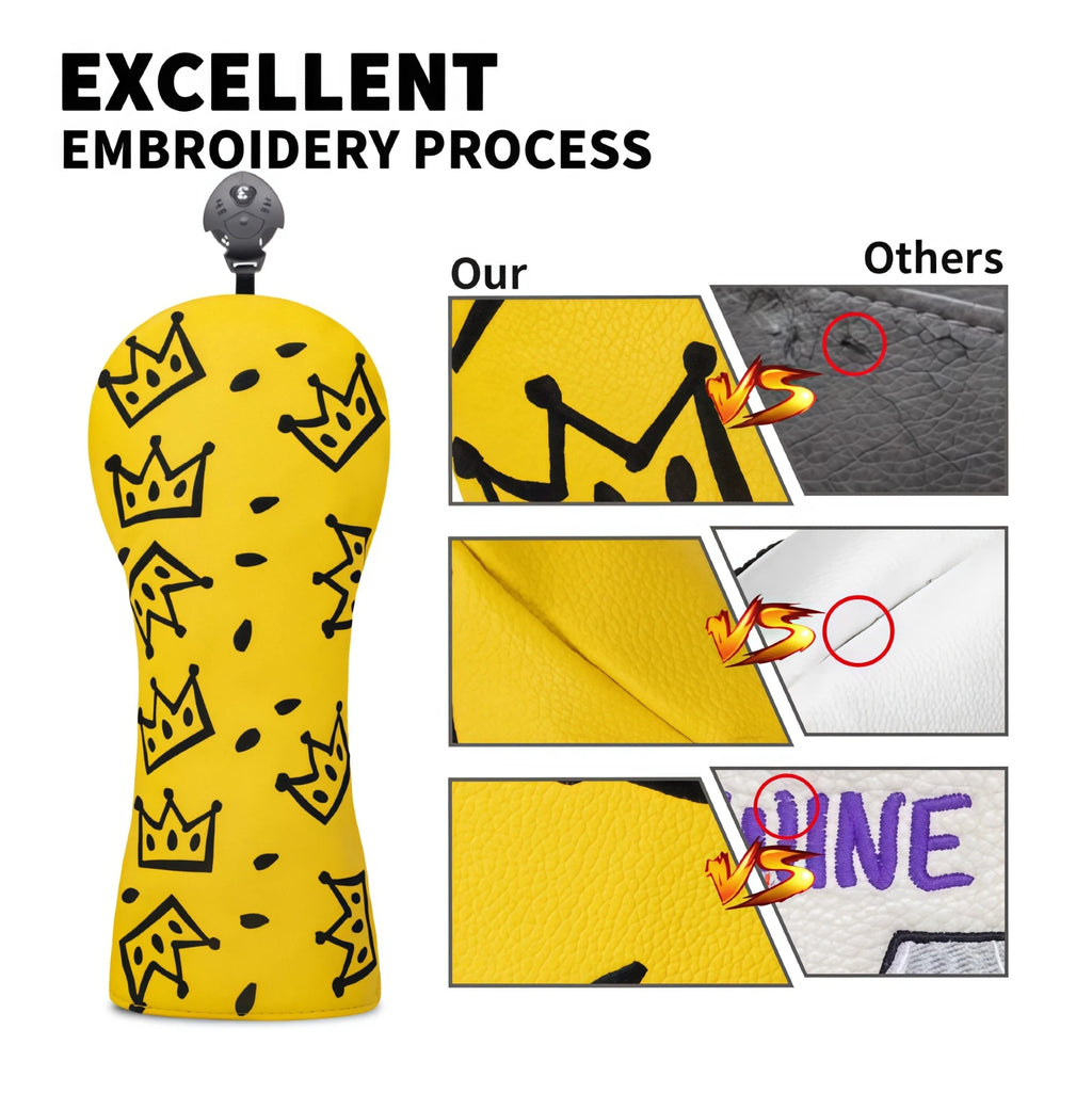 Comparison graphic highlighting Waac’s excellent embroidery process on yellow crown-patterned headcover versus lower-quality alternatives; shows close-up of stitching, fabric texture, and color retention.
