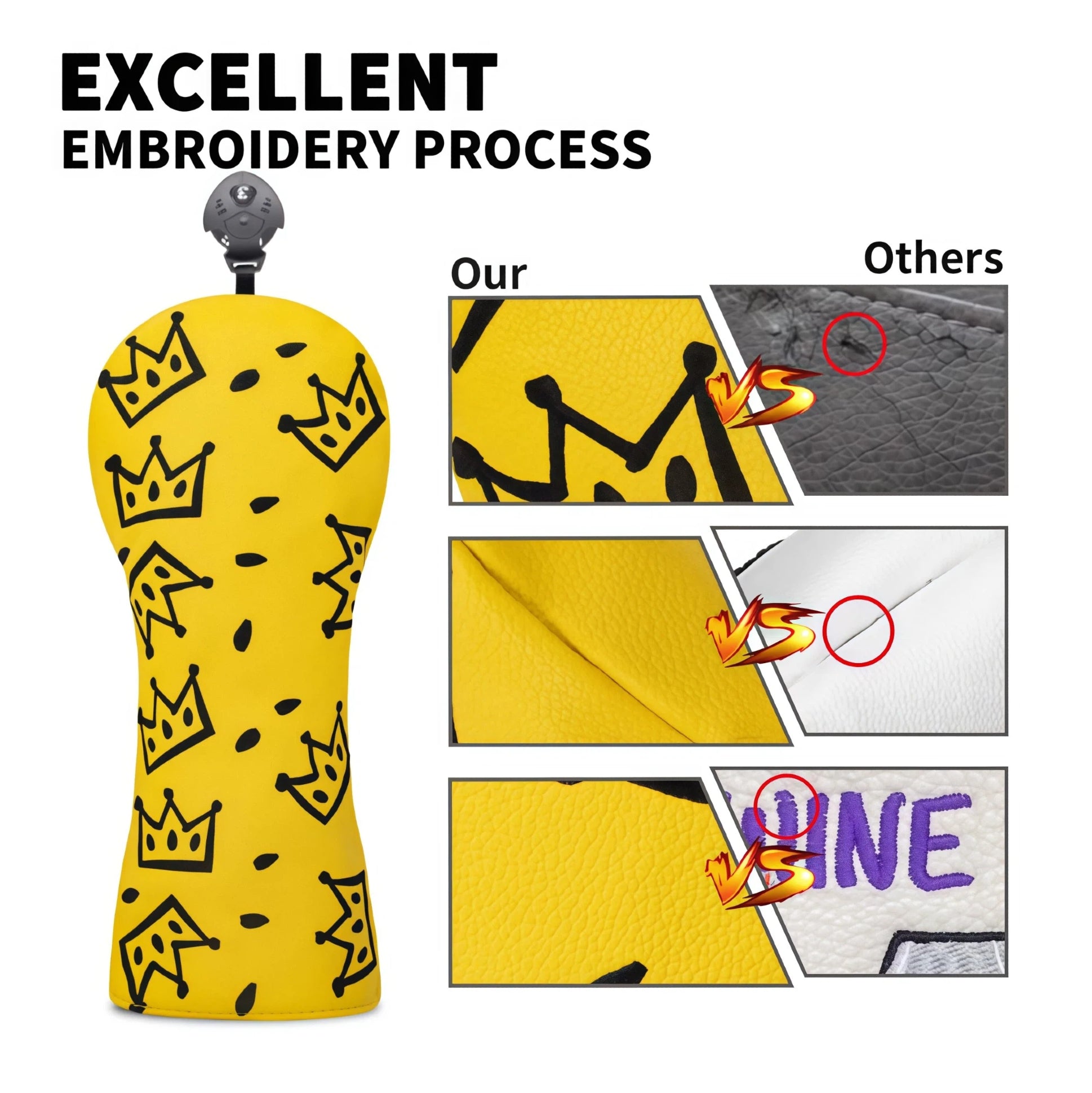 Comparison graphic highlighting Waac’s excellent embroidery process on yellow crown-patterned headcover versus lower-quality alternatives; shows close-up of stitching, fabric texture, and color retention.
