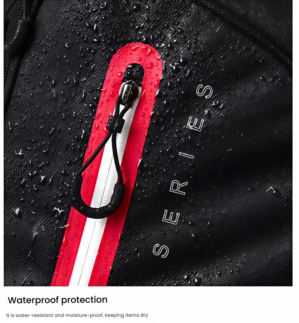 Close-up of water-resistant fabric on the HELIX golf travel bag with raindrops beading off, highlighting its moisture-proof and waterproof protection.