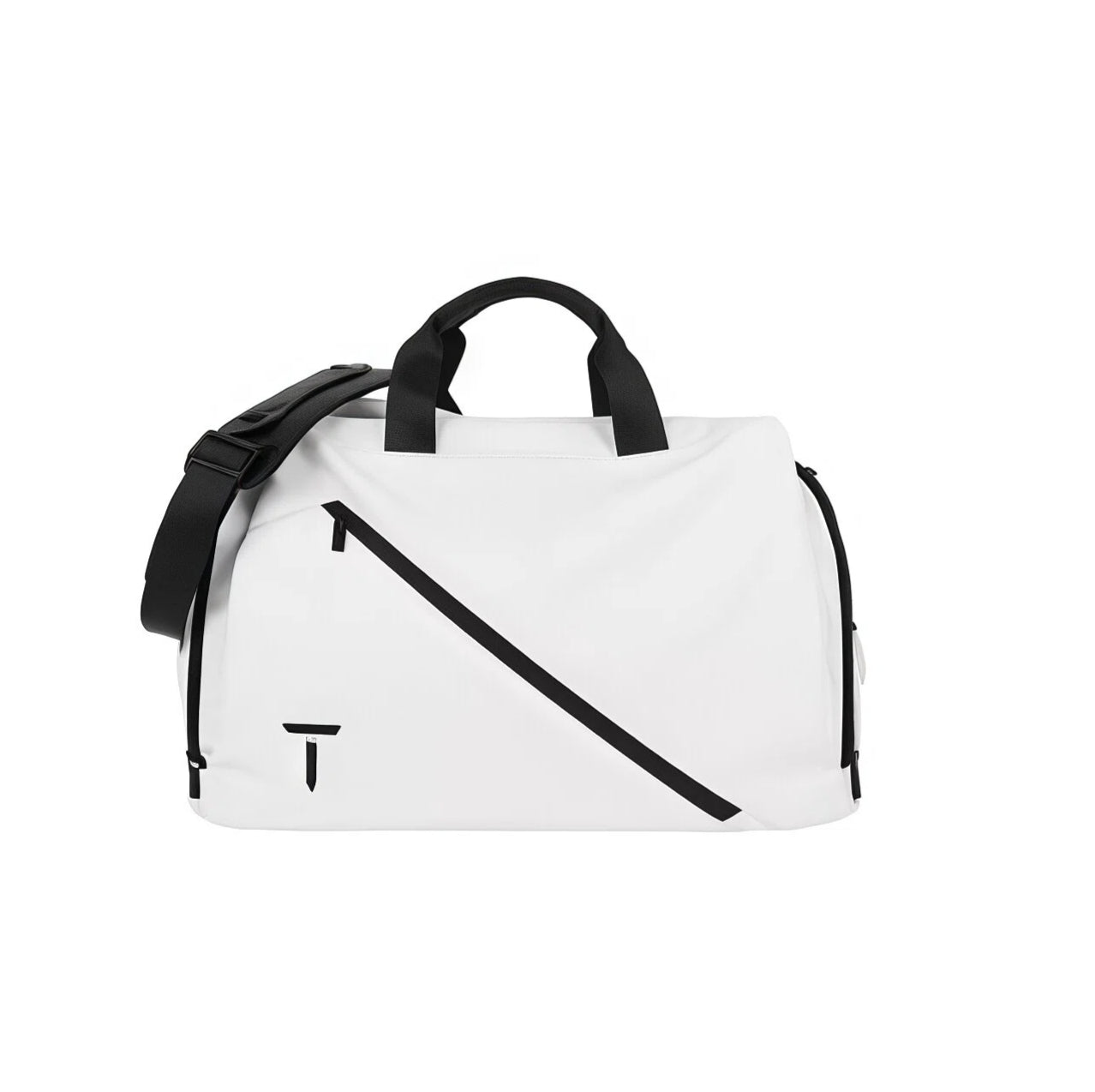 Front view of the white European Tour duffel bag with black trim, diagonal zipper, and black "T" logo. Features a sleek, minimalist design perfect for gym, golf, or weekend use.

