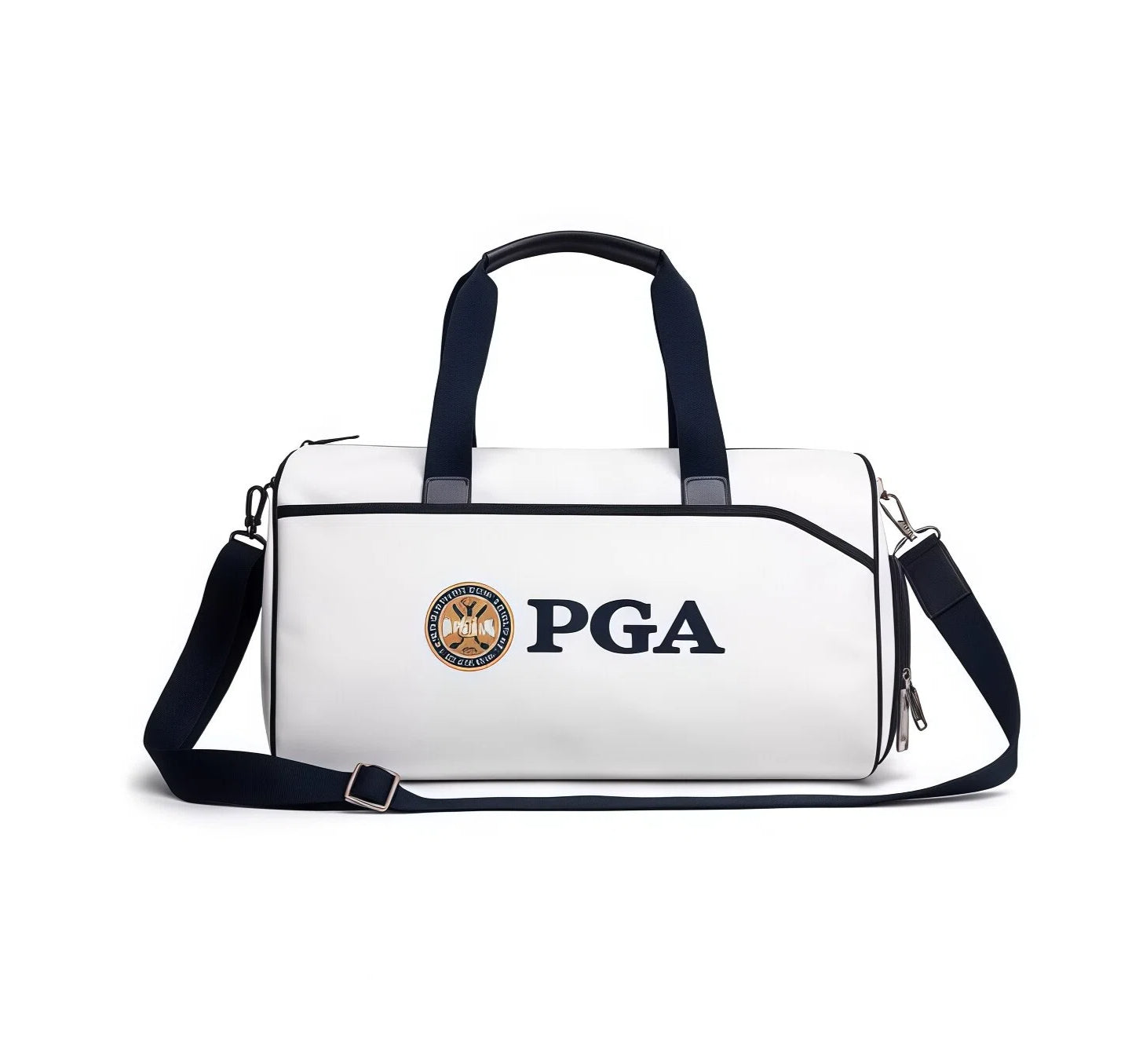 Front view of the white PGA Tour duffel bag featuring navy blue handles, adjustable shoulder strap, and embroidered PGA logo with circular emblem. Ideal for golf, gym, or travel.