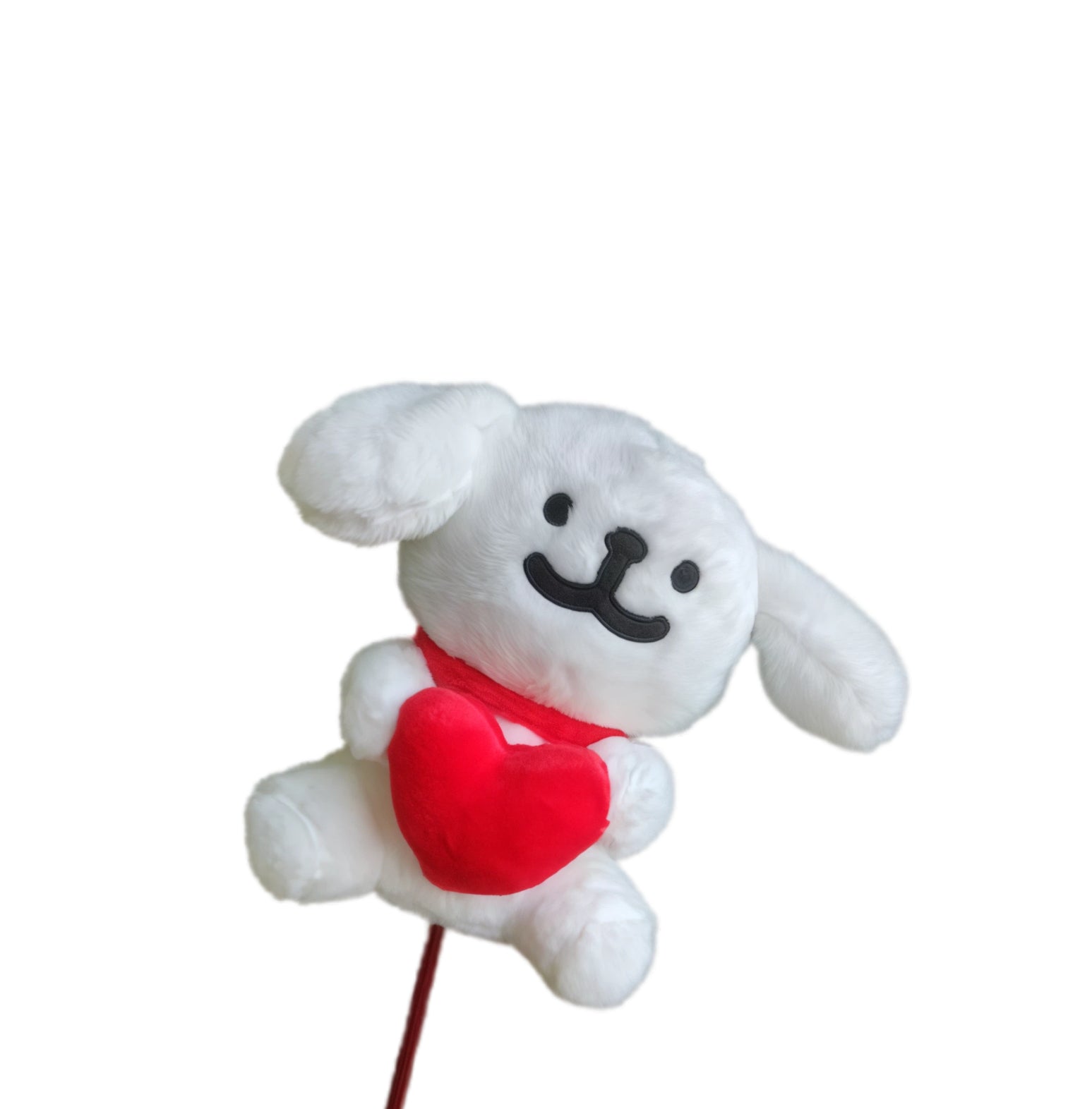 Charming white plush puppy golf driver headcover with a red heart, showcasing soft material, cute facial details, and a secure fit for driver clubs, adding a lovely touch to your golf bag while protecting your club head.