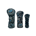 3-piece Wizard & Fat Cat golf headcovers set in black with embroidered cat, bomb and star designs, suitable for driver, fairway woods and hybrid clubs with protective and fashionable styling.