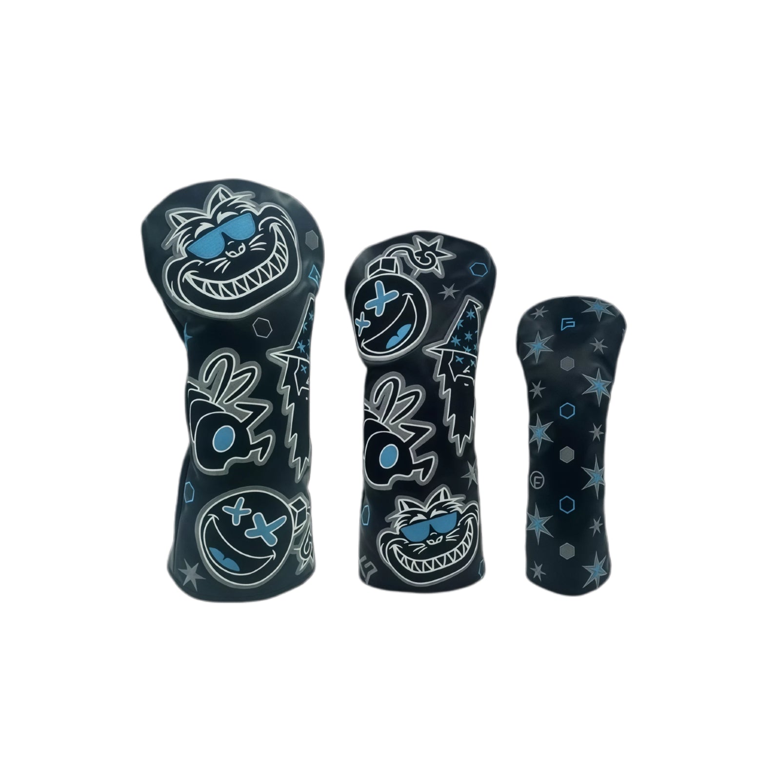 3-piece Wizard & Fat Cat golf headcovers set in black with embroidered cat, bomb and star designs, suitable for driver, fairway woods and hybrid clubs with protective and fashionable styling.