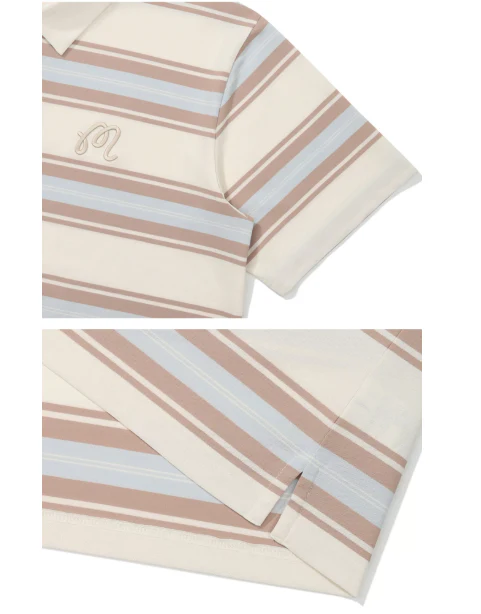 Malbon Golf Striped Polo Shirt Men Women Casual Sport Tee Beige logo and trim detail