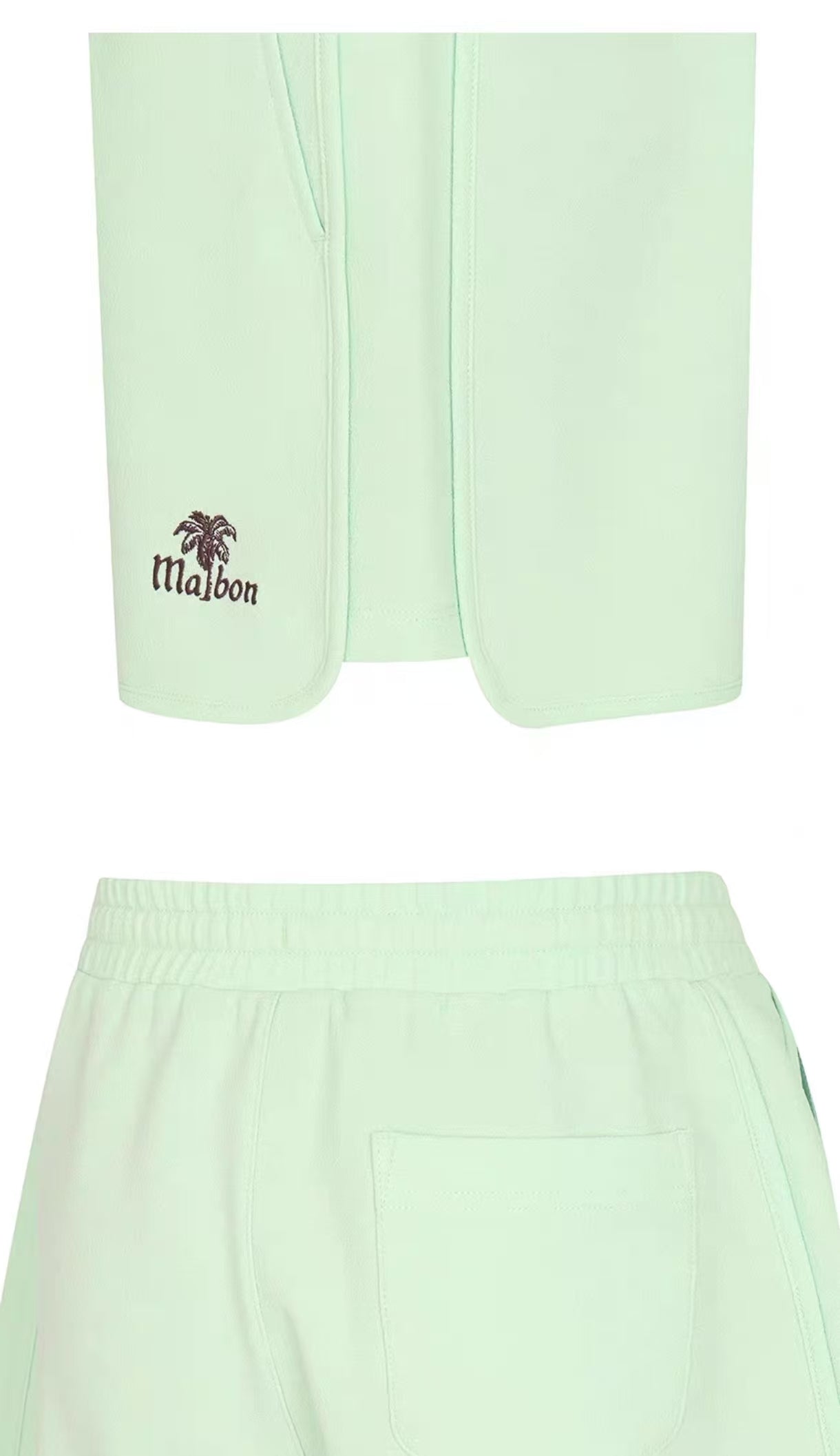 Malbon women's Elastic Waist Straight-Leg Golf Shorts in Mint Green, logo and fabric detail