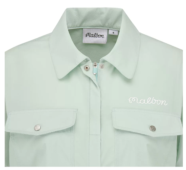 Malbon mint green utility shirt collar and pocket detail