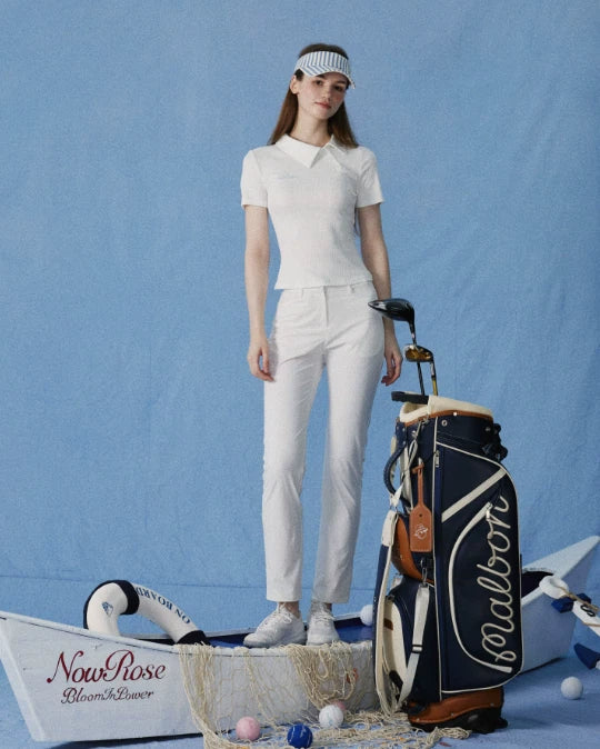 NowRose White golf polo and straight-leg pants full model view