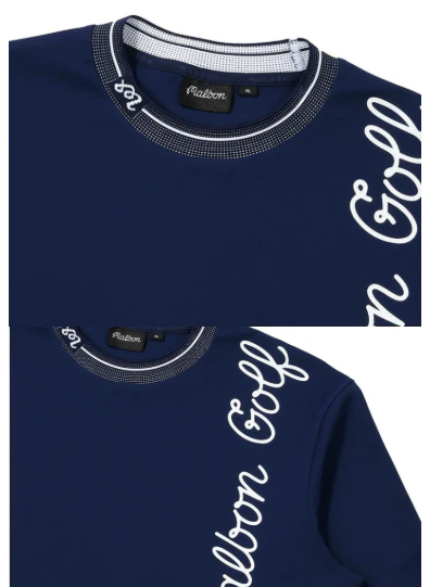 Malbon Men's Long Sleeve Golf Polo - Breathable Stretch Navy Blue collar and logo detail