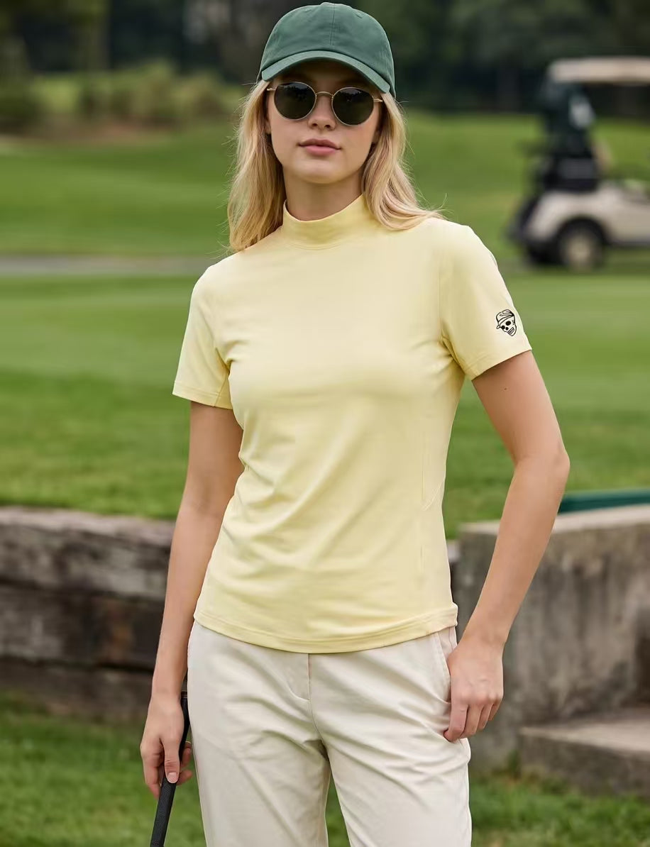 Devereux Golf Women’s American Mock Neck Back Letter Print Golf Shirt in Yellow - product view
