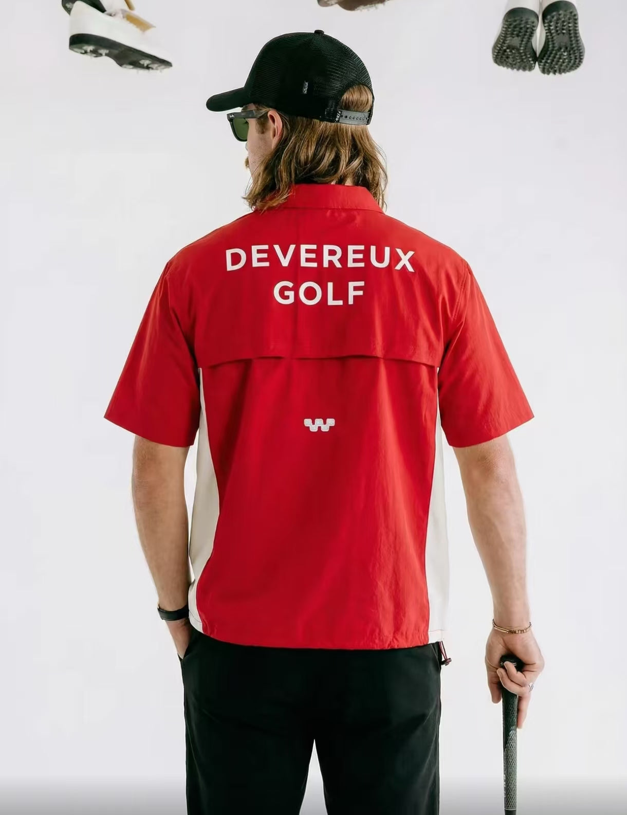 Devereux Red woven golf windshirt side view on male model